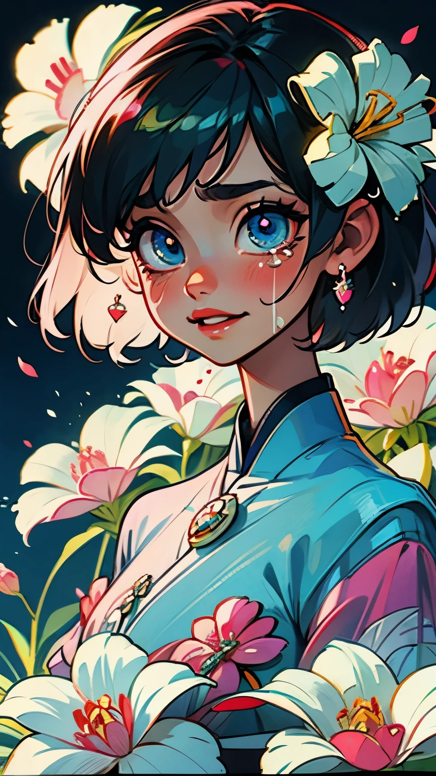 iPhone screenshot of someone's eyes filled with tears of joy, in the style of a delicate floral embroidery with beadwork accents. The eyes have long, wispy eyelashes and sparkling teardrops. The background features swirling pink and white flower petals and a peace sign symbol. The overall style is a blend of kawaii manga and 1960s psychedelic art. --ar 59:128 --v 6.0