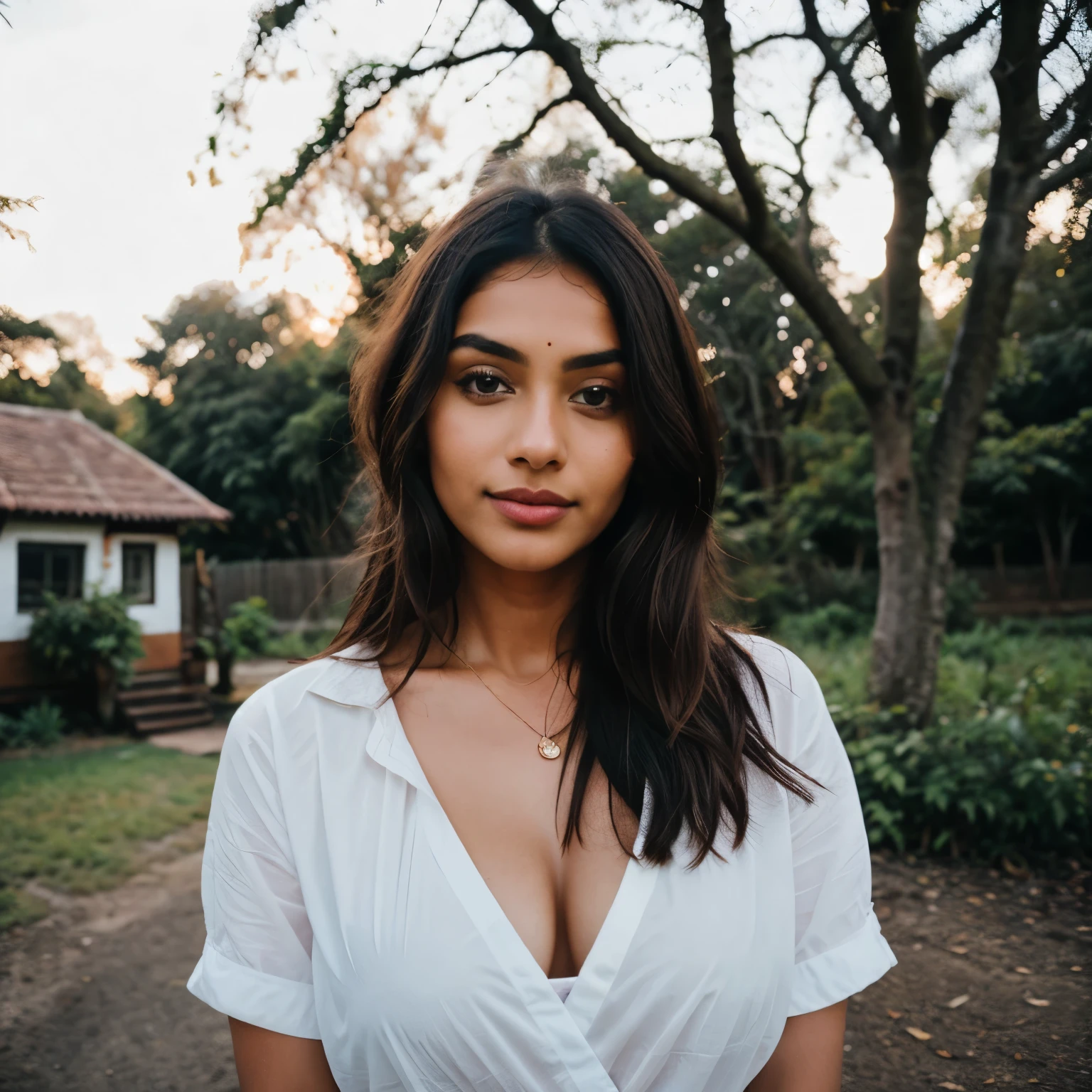 Photorealistic, ultra-detailed, Beautiful indian woman, portrait photo, Solo, looking in the camera, standing up, small beautiful indian town with trees scene, bright scene, bright noon, winter without snow, The essence of real life, indian brunette colour hair, twenty years old, cheerful , show medium cleavage, flashlights, Crystal clear sky, analogue style, film grain, Best shadow, primitive, Instagram LUT
