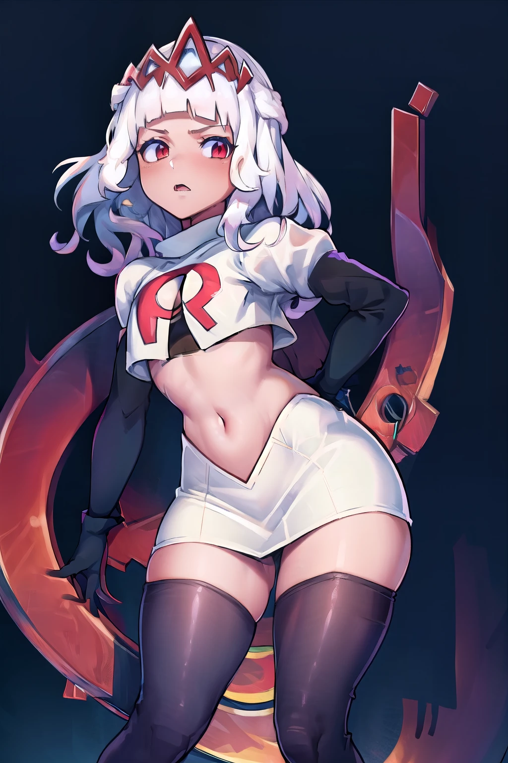 absurdres, 1girl, small breast, white hair, team rocket,team rocket uniform, red letter R, white skirt,white crop top,black thigh-highs,black elbow gloves
 