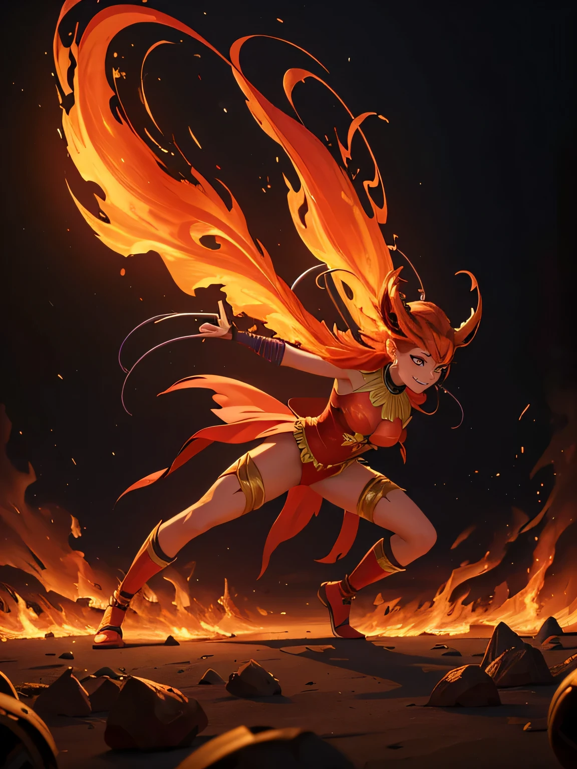 (best quality,4k,8k,highres,masterpiece:1.2),ultra-detailed,(realistic,photorealistic,photo-realistic:1.37),harlequin,fire,fire plume,circus performer,costume,colorful outfit,juggling torches,enthralling audience,dangerous skills,intricate patterns,golden mask,sinister smile,dancing flames,aerial acrobatics,mysterious,mesmerizing show,playful energy,breathing fire,exaggerated movements,haunting beauty,surreal atmosphere,dramatic lighting,vivid colors,illusionist's magic,glowing embers,fiery spectacle,daring performance+red,orange,yellow color palette,dimly lit stage,shadows and highlights,dynamic contrast