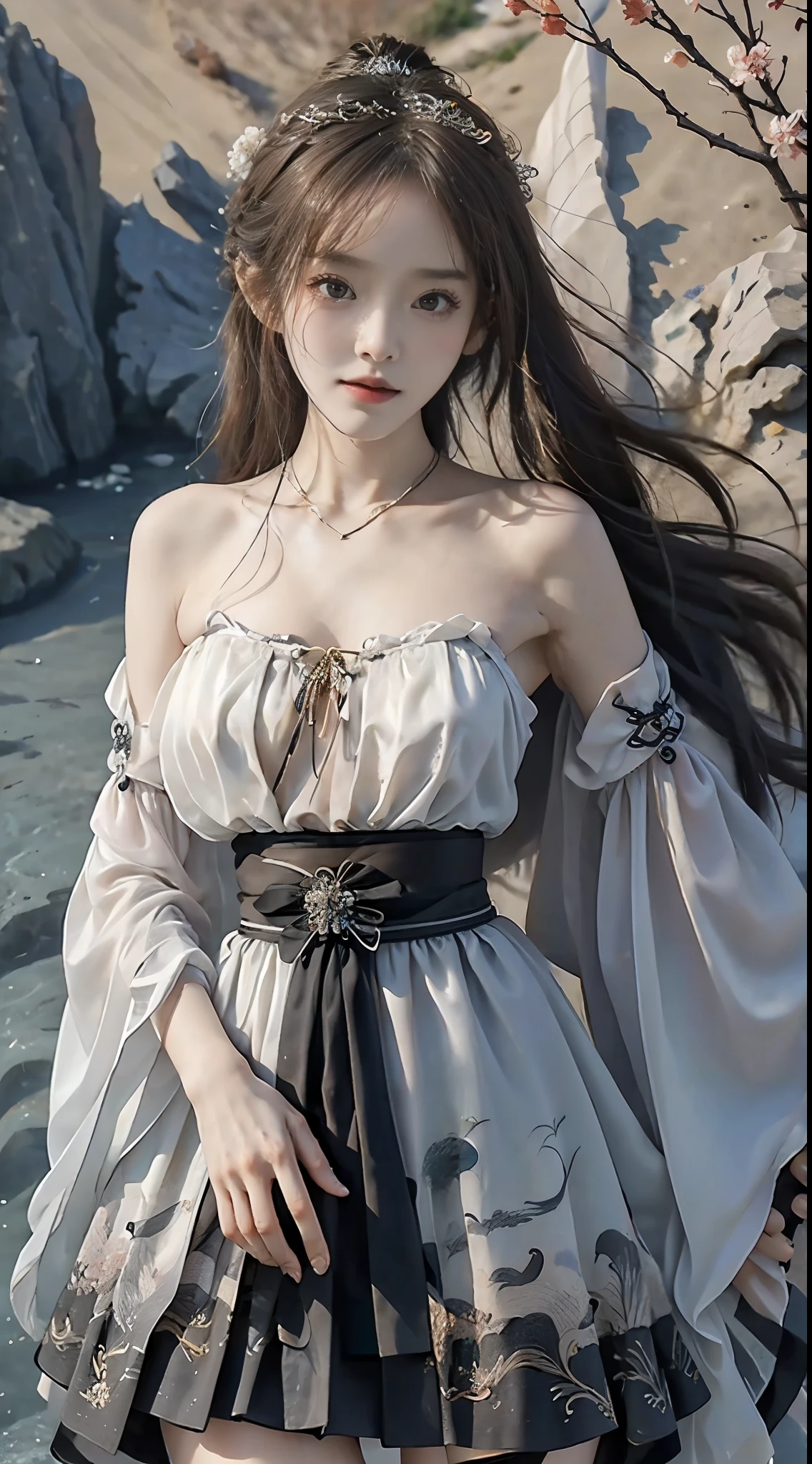 hanfu, (masterpiece, best quality:1.2), 1girl, solo, ((bare shoulders)), (actual:1.37), ((lying on a beach)), ((Bird&#39;s eye view shot)), Sweet maiden, beautiful妆容, Exquisite makeup, Extremely beautiful eyes, long hair, curls, slim body, big breasts, cleavage, Sexy slender legs, The skirt is short, Leaking sexy legs, elegant posture, best quality, correct, correct的手, correct的腿, 解剖学correct, official art, complex, detail的脸, detail, lifelike, Very detailed, amazing, beautiful, Young and energetic, Charming model, Meticulous CG Uniform 8k wallpaper