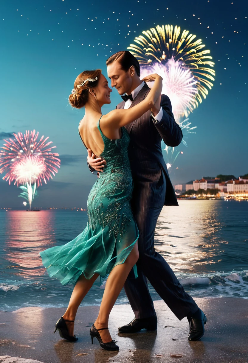 ((heterosexual couple dancing tango on the sea surface:1.5)), at night:1.4, clouds illuminated by fireworks:1.4, a beautiful view of the coast with buildings:1.4 and fireworks in the background:1.4, ((Scene idyllic and magical imaginative dancing on the surface of the sea:1.3)),((perfect, Meticulously detailed, flawless: 1.4), ((Masterpiece)), (Hyper-detailed: 1.3), (Photorealistic: 1.4), epic lighting, at night city light and colorful fireworks, 32k.