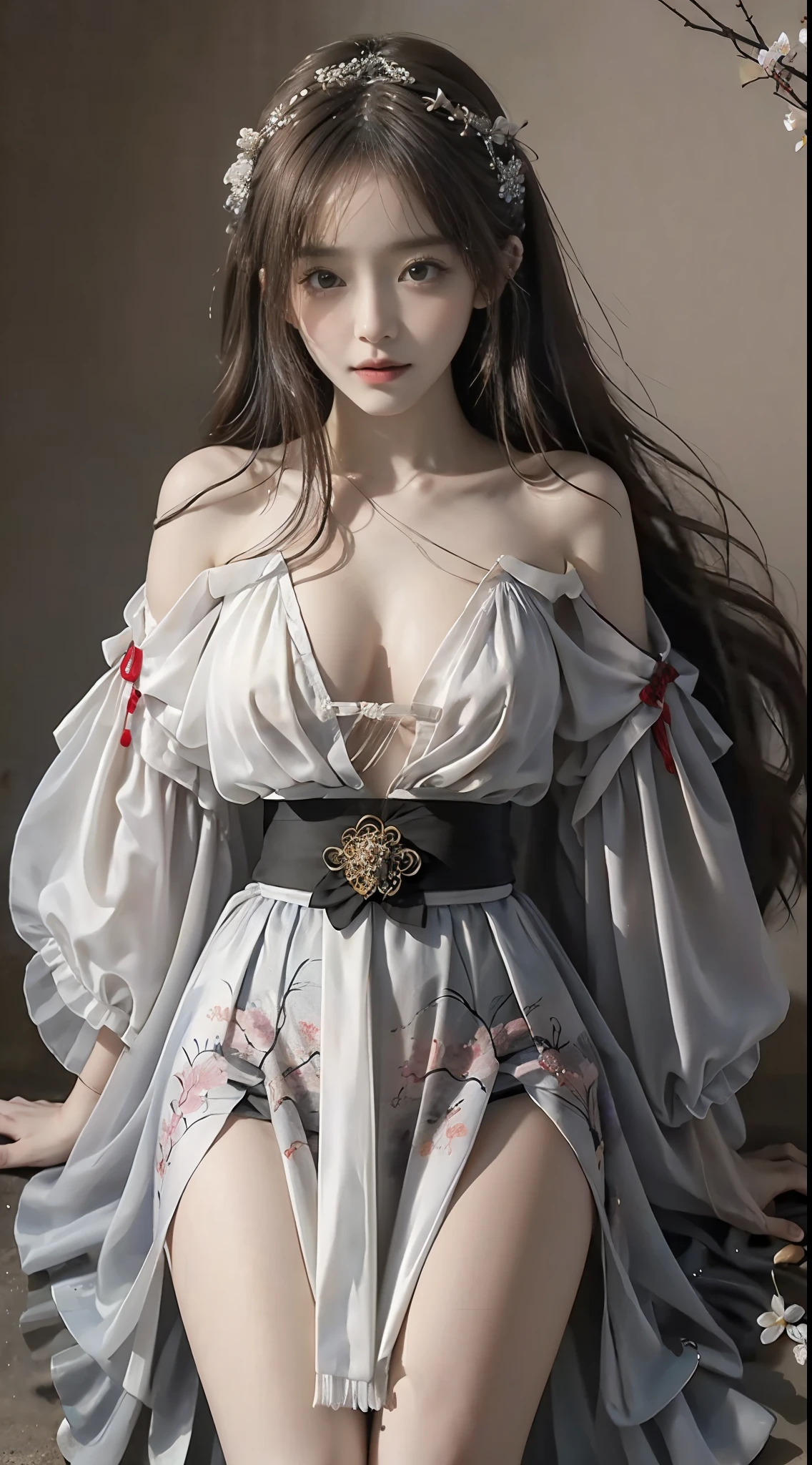 hanfu, (masterpiece, best quality:1.2), 1girl, solo, ((bare shoulders)), (actual:1.37), ((lying on a beach)), ((Bird's eye view shot)), Sweet maiden, beautiful妆容, Exquisite makeup, Extremely beautiful eyes, long hair, curls, slim body, big breasts, cleavage, Sexy slender legs, The skirt is short, Leaking sexy legs, elegant posture, best quality, correct, correct的手, correct的腿, 解剖学correct, official art, complex, detail的脸, detail, lifelike, Very detailed, amazing, beautiful, Young and energetic, Charming model, Meticulous CG Uniform 8k wallpaper