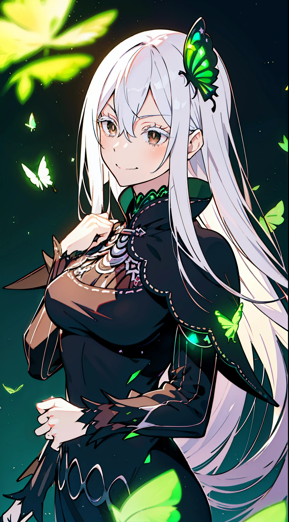 confused, High resolution, Super detailed, echidna, brown eyes, medium breasts, butterfly hair ornament, (colored eyelashes:1.1), capelet, black dress, long sleeve, looking at the viewer, evil smile, another world color, surreal landscape, invisible light, fantastic shine, neon green glow, bright colors, ghostly effect