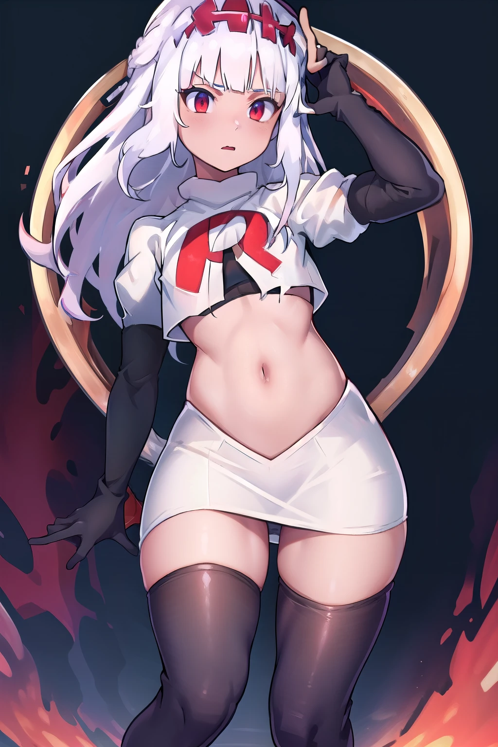 absurdres, 1girl, small breast, white hair, team rocket,team rocket uniform, red letter R, white skirt,white crop top,black thigh-highs,black elbow gloves
 