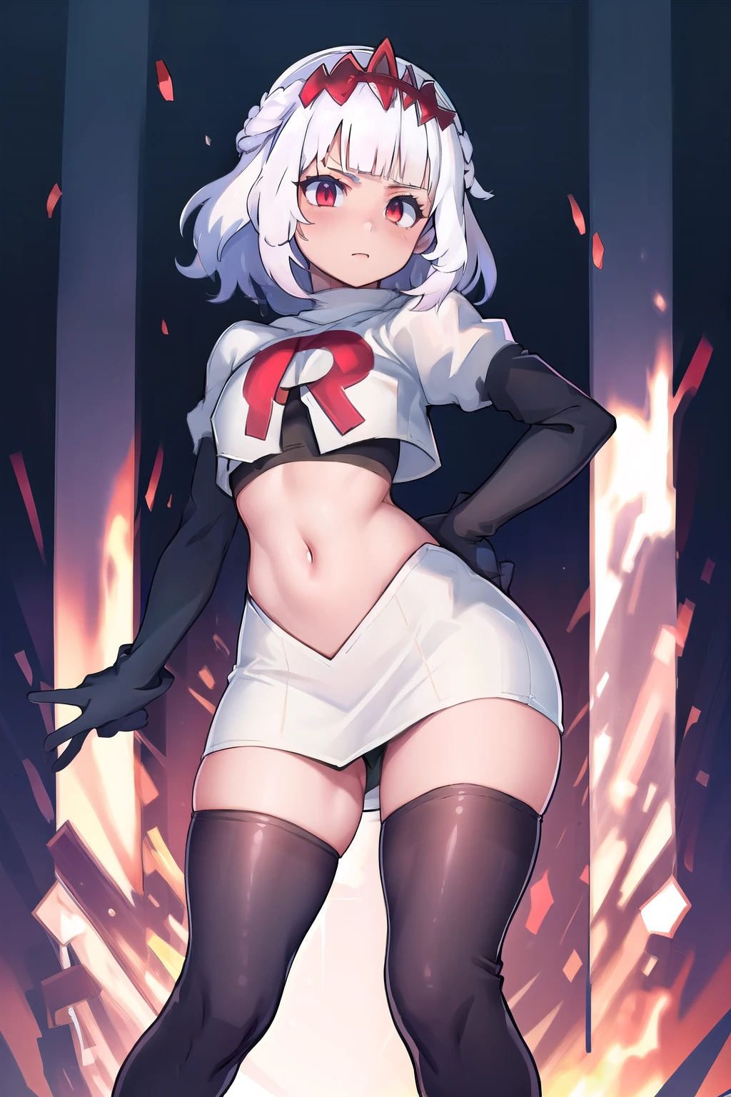 absurdres, 1girl, small breast, white hair, team rocket,team rocket uniform, red letter R, white skirt,white crop top,black thigh-highs,black elbow gloves
 