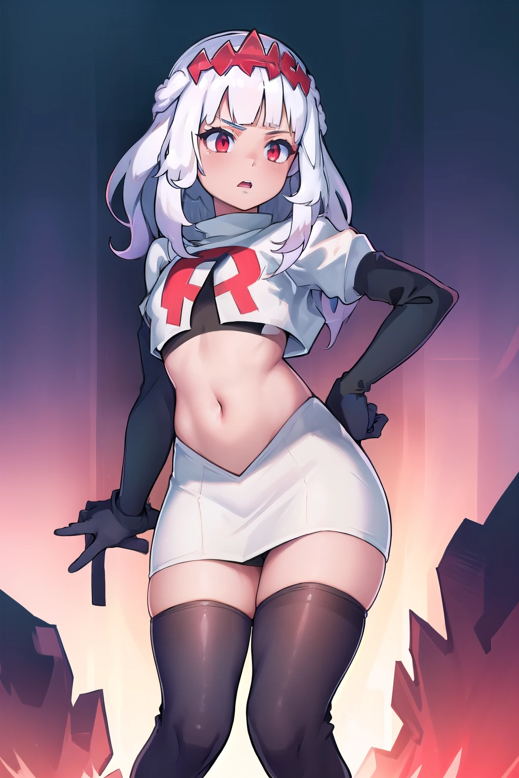 absurdres, 1girl, small breast, white hair, team rocket,team rocket uniform, red letter R, white skirt,white crop top,black thigh-highs,black elbow gloves
 