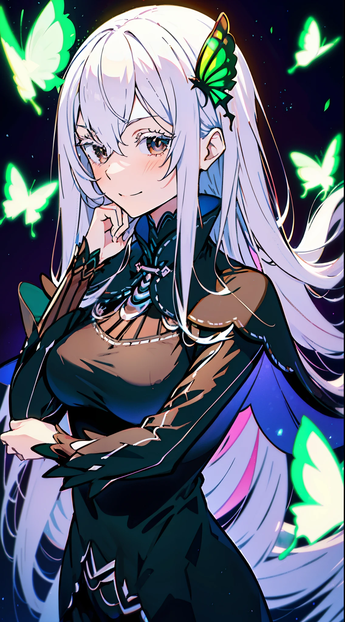 confused, High resolution, Super detailed, echidna, brown eyes, medium breasts, butterfly hair ornament, (colored eyelashes:1.1), capelet, black dress, long sleeve, looking at the viewer, evil smile, another world color, surreal landscape, invisible light, fantastic shine, neon green glow, bright colors, ghostly effect