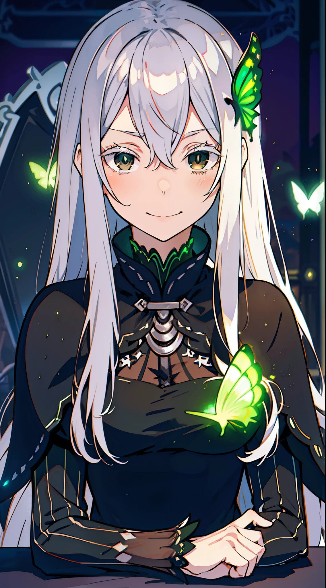 confused, High resolution, Super detailed, echidna, brown eyes, medium breasts, butterfly hair ornament, (colored eyelashes:1.1), capelet, black dress, long sleeve, looking at the viewer, evil smile, another world color, surreal landscape, invisible light, fantastic shine, neon green glow, bright colors, ghostly effect