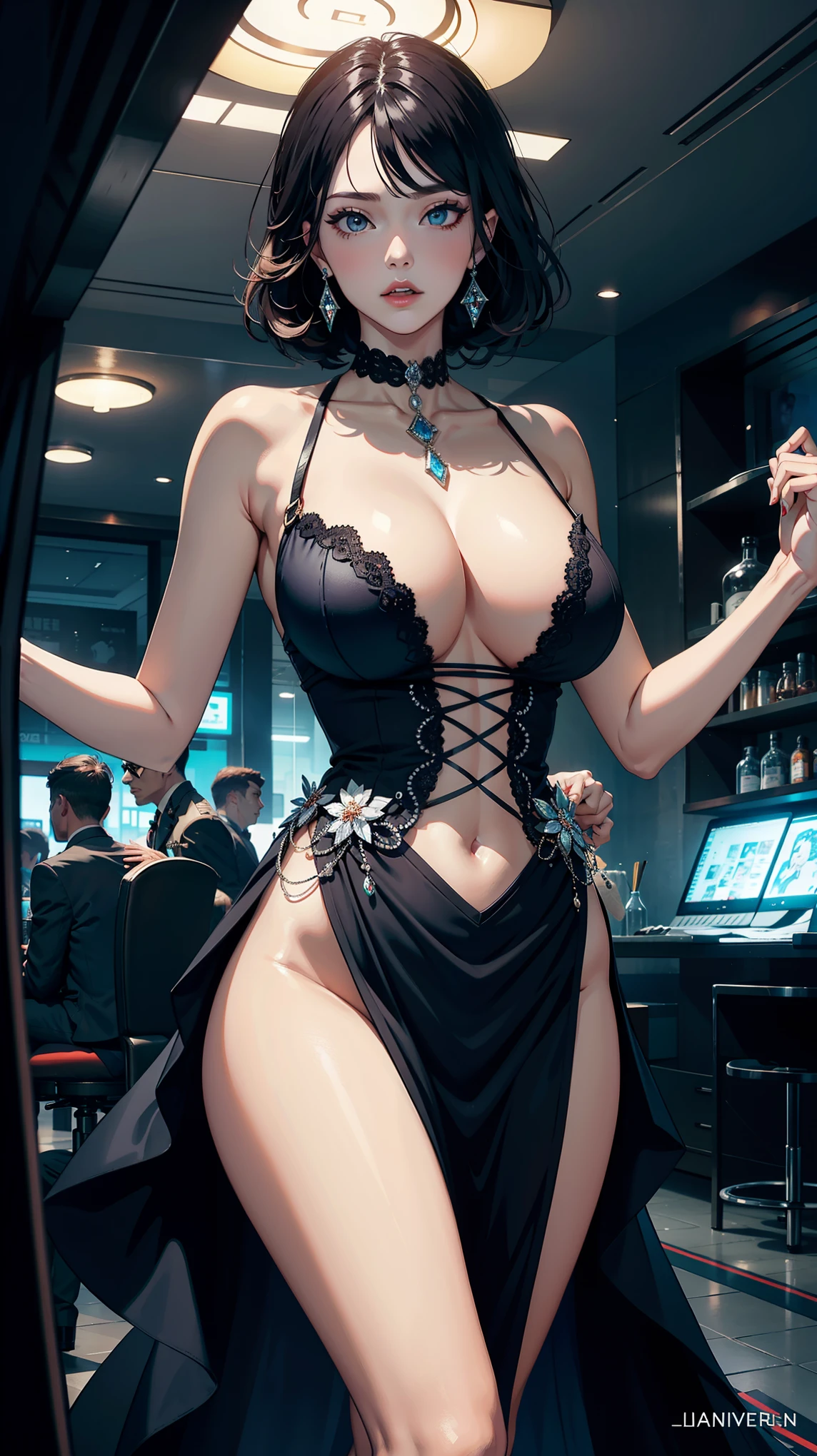 Masterpiece, high quality, 8k, ultra detail, (woman:1.5), large breast, dynamic poses, dynamic poses, (elegant), (rich:1.5), (diamond jawerly), (dress), beauty,