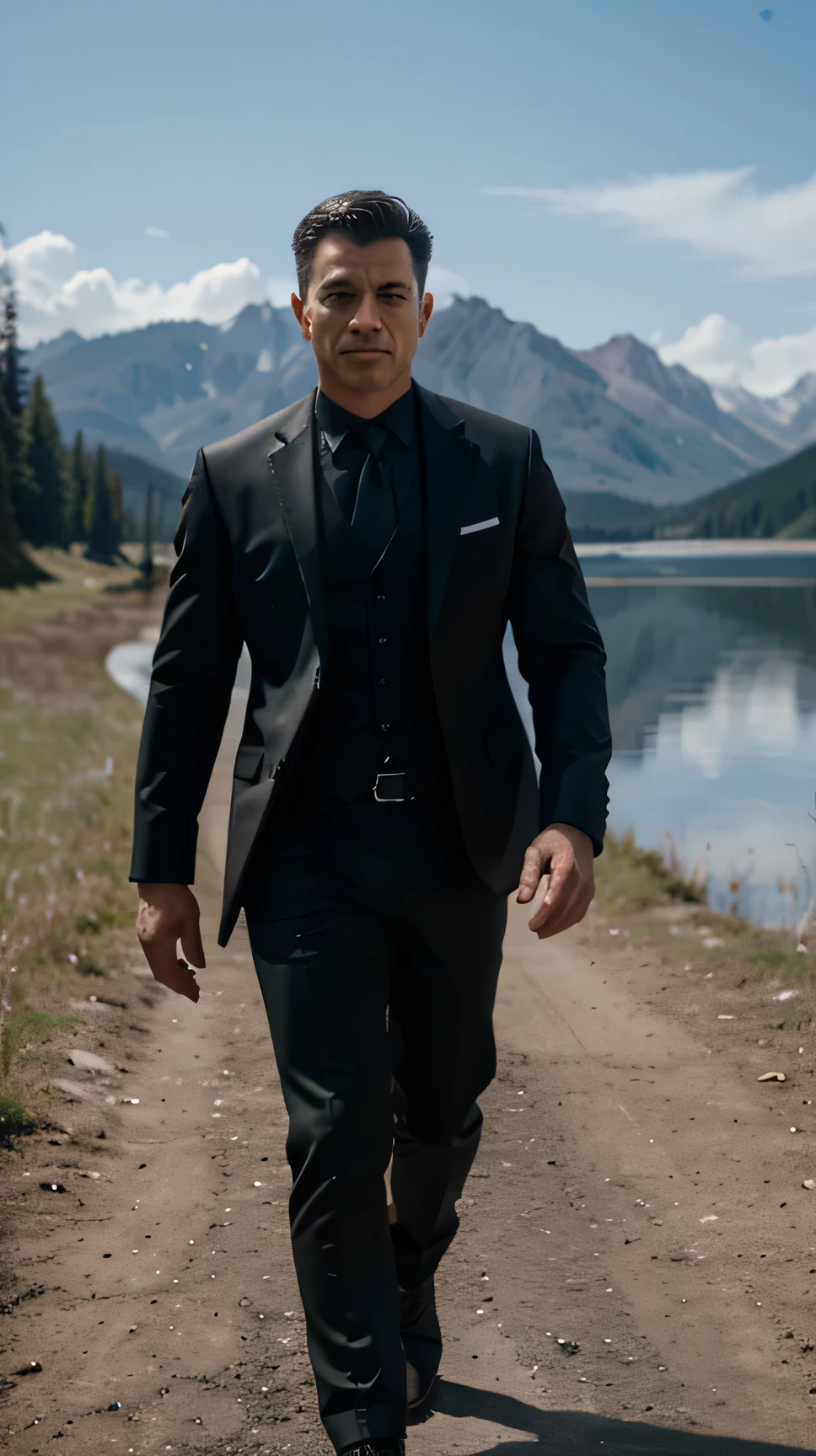 Man in black suit, muscular,4K, cinematic,open sky, walking in the ground,near a Lake,8K resolution, good quality, realistic,1DX Mark III, Canon EF 85mm f/1.4 L IS USM Lense, shutter speed 1/125, aperture f/11.0, ISO 100, 8k, UHD, cinematography, photorealistic,
epic composition, cinematic, color grading, depth of field, hyper-detailed, editorial photography,
photoshoot, super-resolution, megapixel, prophoto RGB