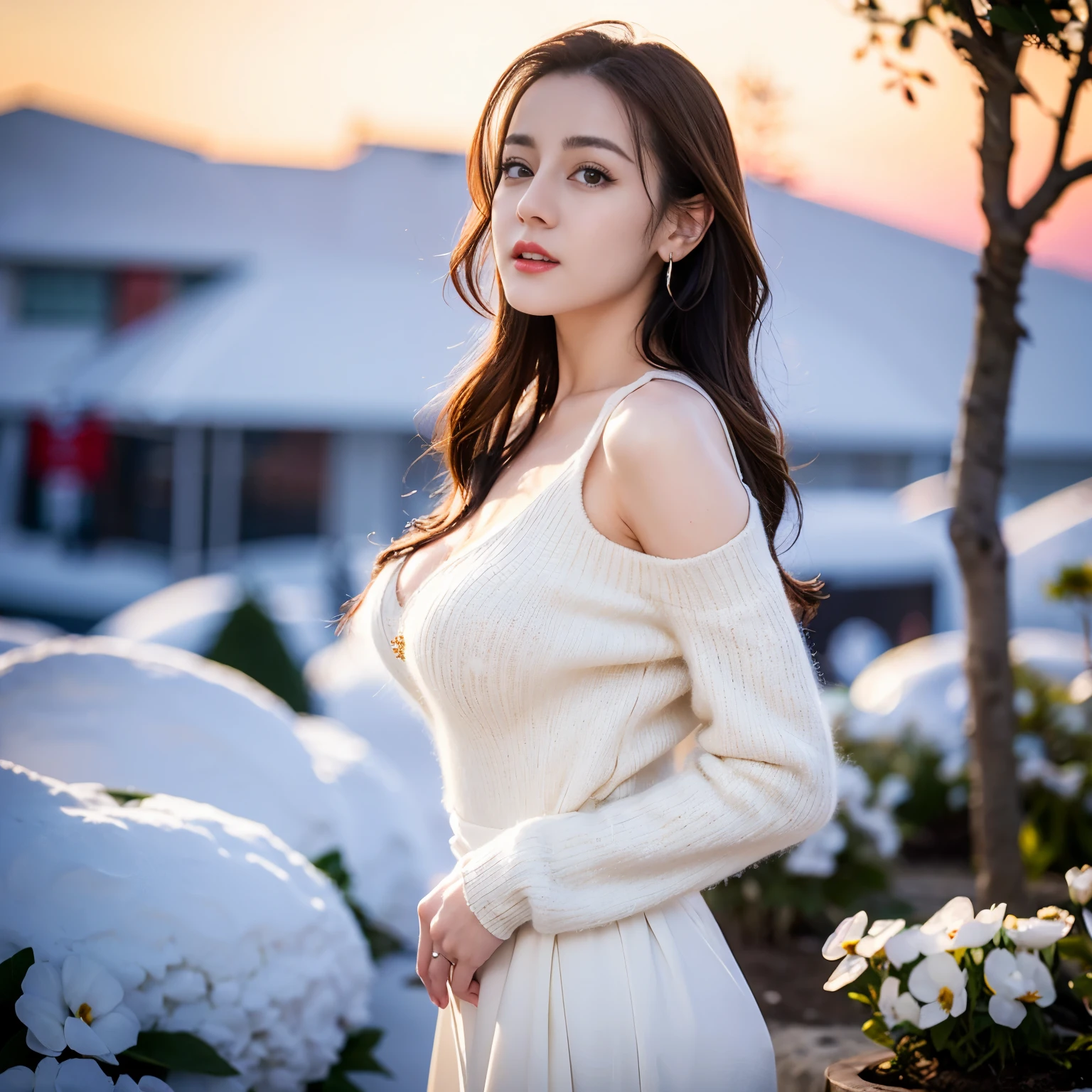 ((top quality、8k、Masterpiece:1.3))、Extremely delicate and beautiful girl,full-body shot,huge breasts,bigger breasts,amazing breast size,G cup。Wear big earrings,Very white skin,moist red lips,Waist is very thin,Thighs are very thin,big butt,fair and smooth skin,Smooth and fair skin,flawless skin,Fair and shiny skin,cold white skin,The camera focuses on the chest,Bright light,white sweater,Lower body exposed,bare shoulders,light blonde hair,The hair is light blonde,Snow covers the ground,snow mountain,sunset,There is a tree full of white flowers on the upper right