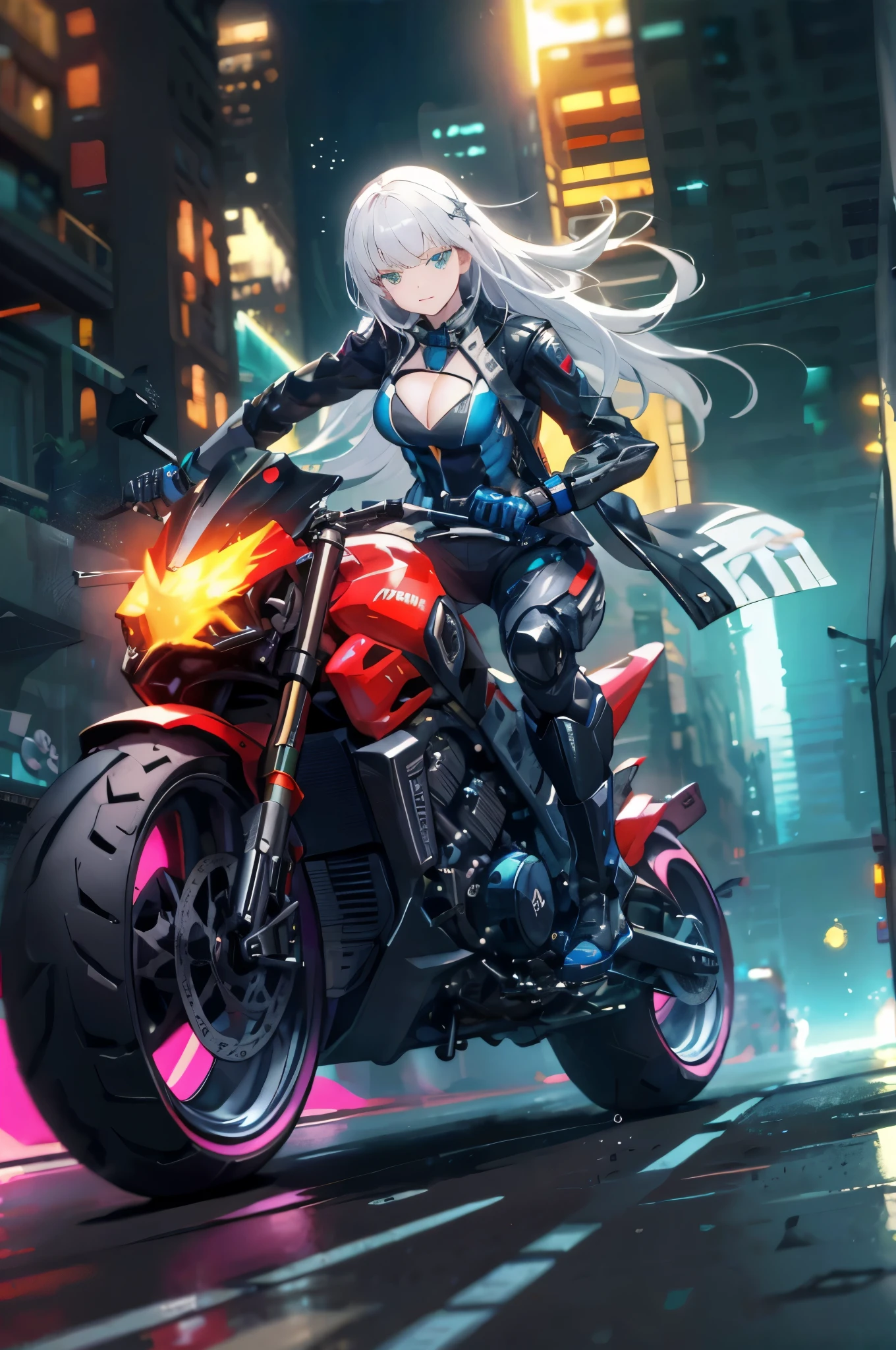 (masterpiece), highest quality, expressive eyes,swaying hair,dynamic hair, cyber punkの衣装を着て武装する(Enamel rubber suit、long neck、Absolute area、high boots、revealing clothing)、break cityストリート、Armed girl riding a motorbike, Detailed facial depiction、correct anatomy、soldier、shining eyes、silver hair、Shiny short jacket with open front, gloves, 光沢サイhigh boots, cleavage, Mechanical Accessories:1.2 ,{{Motorbike(armored vehicle、futuristic、SF Machine、Drift driving、flame from muffler、super fast running、Tires spinning at high speed)}}、glowing 、cut the wind、fast effect、{Composition from below 1.2}、cyber punk, break city, midnight,perspective,wet ground, dynamic blur background