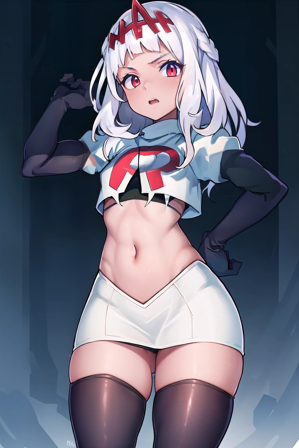 absurdres, 1girl, small breast, white hair, team rocket,team rocket uniform, red letter R, white skirt,white crop top,black thigh-highs,black elbow gloves
 