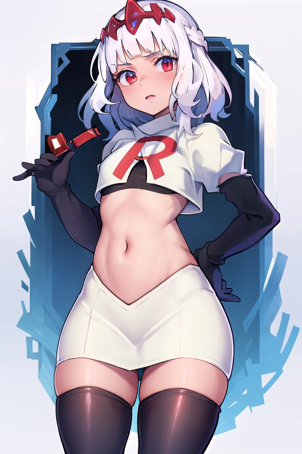 absurdres, 1girl, small breast, white hair, team rocket,team rocket uniform, red letter R, white skirt,white crop top,black thigh-highs,black elbow gloves
 