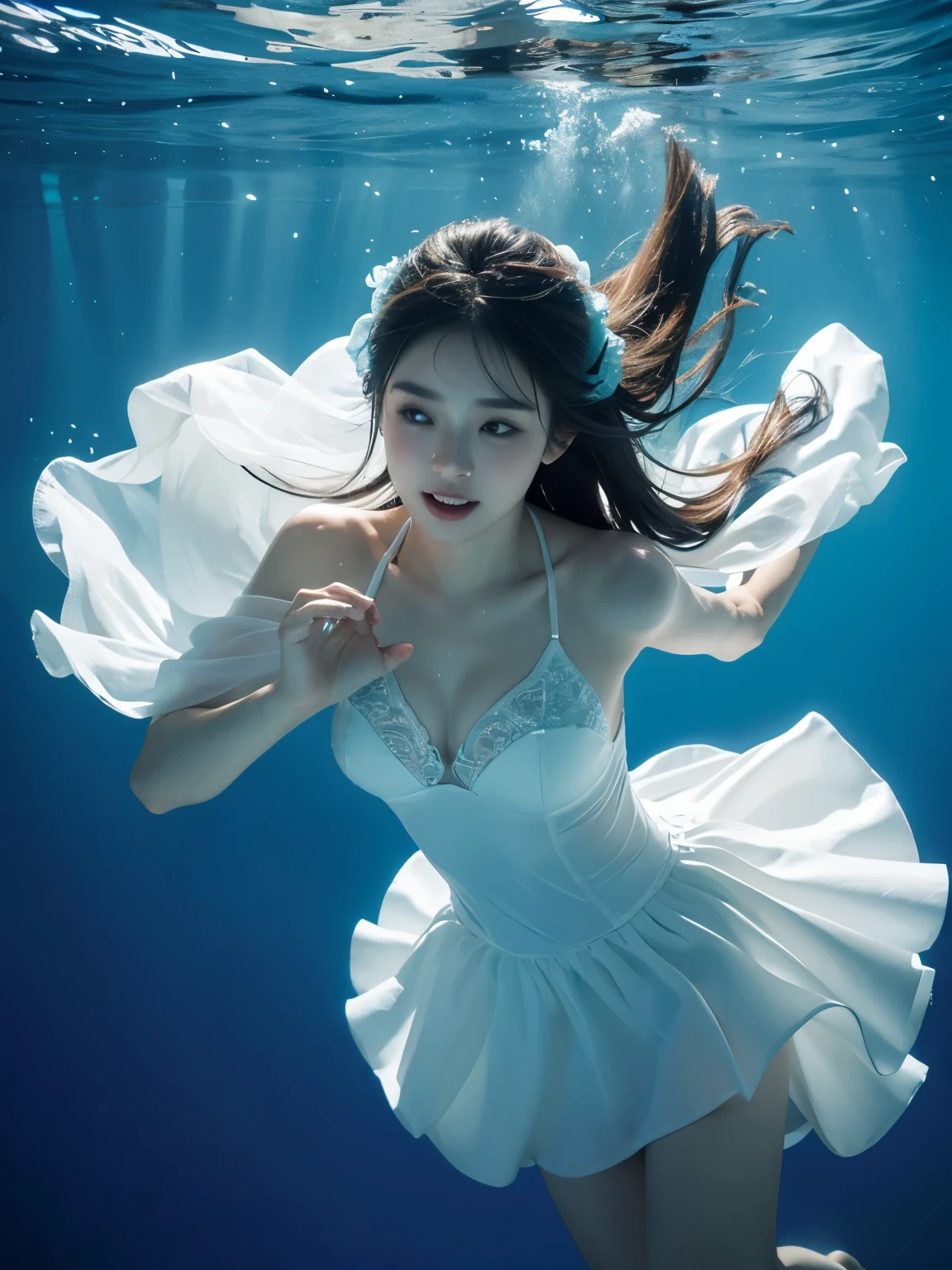 Ocean Dance,Bride and groom underwater in blue pool,veil fluttering, underwater photosgraphy, underwater photosgraph, floating under water, underwater photos, floating under the lake, Underwater shooting, under water swimming, submerged in water, Wearing clothes made of water, under water, swimming underwater, 悬浮under water, Underwater perspective, 淹没under water, floating in water, under water深处游泳