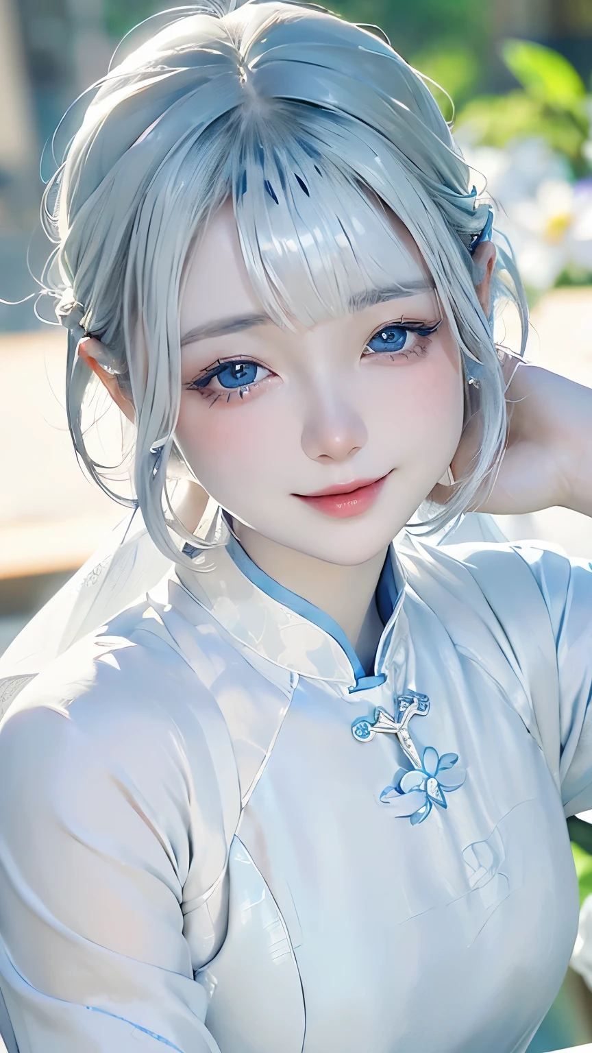 table top, highest quality, High resolution,Portrait, (((Detailed description、8K resolution))), (((Beautiful face drawn in every detail))),full body angle,grinning expression、alone, bright light blue eyes, ((beautiful silky silver hair、short bob、short cut hair))、(((Beautiful Ao dai:1.3、Ao dai,Beautiful White Ao dai)))、outdoor、Lake Lotus