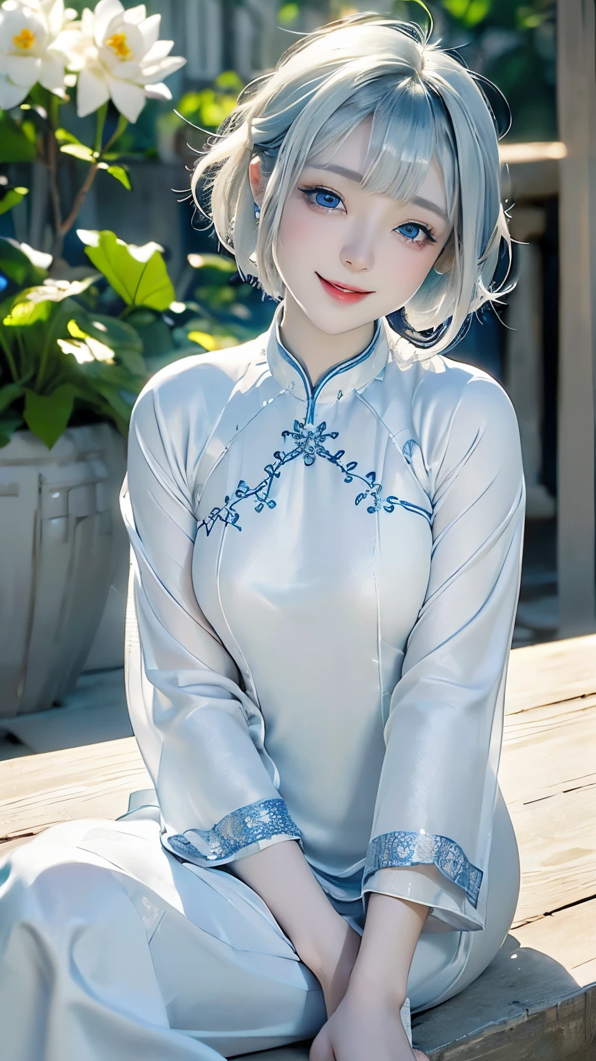 table top, highest quality, High resolution,Portrait, (((Detailed description、8K resolution))), (((Beautiful face drawn in every detail))),Beautiful and even face、small nose、plump lips、full body angle,An ennui look、alone, bright light blue eyes, ((beautiful silky silver hair、short bob、short cut hair))、(((Beautiful Ao dai:1.3、Ao dai,Beautiful White Ao dai)))、outdoor、Lake Lotus