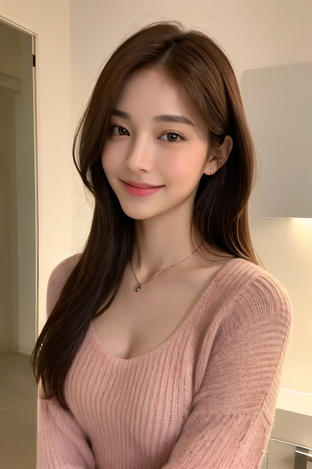 ((night、realistic light、highest quality、8K、masterpiece:1.3))、1 girl、slim beauty:1.4、abs:1.1、(brown hair、medium chest:1.3)、long pink sweater:1.1、Bathroom、super beautiful face、delicate eyes、double eyelid、smile、necklace