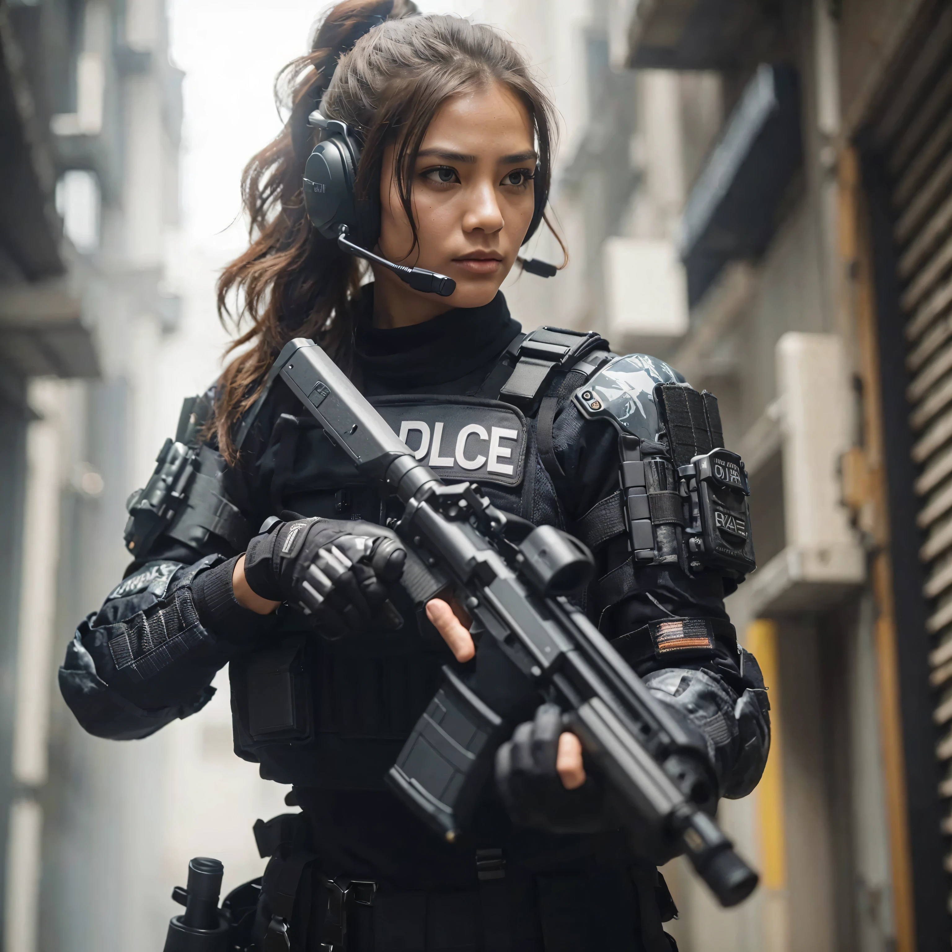 film photo, 70mm, ISO100, f/2.8, 1/320s, indonesian, female police in SWAT uniforms with fighting skills, wearing advanced tactical armor and high-tech future toy rifles, tactical communication headsets and goggles, ponytail hairstyle, in a narrow space In the alleyway, the dynamic gesture flow effect, only to see the majestic scale of her face, dramatic eyes, ultra-fine skin, an absolute masterpiece, suitable for 64k resolution. It meets the highest standards of authenticity, ensuring every element looks like a high-resolution photo.