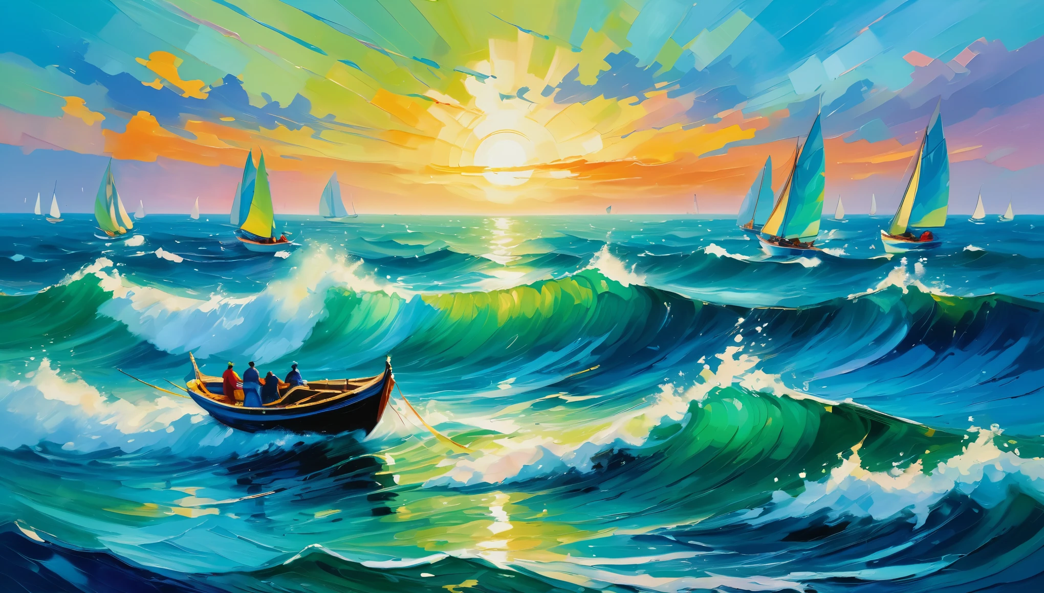 (best quality,4k,highres,masterpiece:1.2),vibrant colors,impressionistic brushstrokes,dynamic lines,brilliant hues,mainly blue and green palette,ocean waves,dancing boats,representing power and energy,impressionist painting