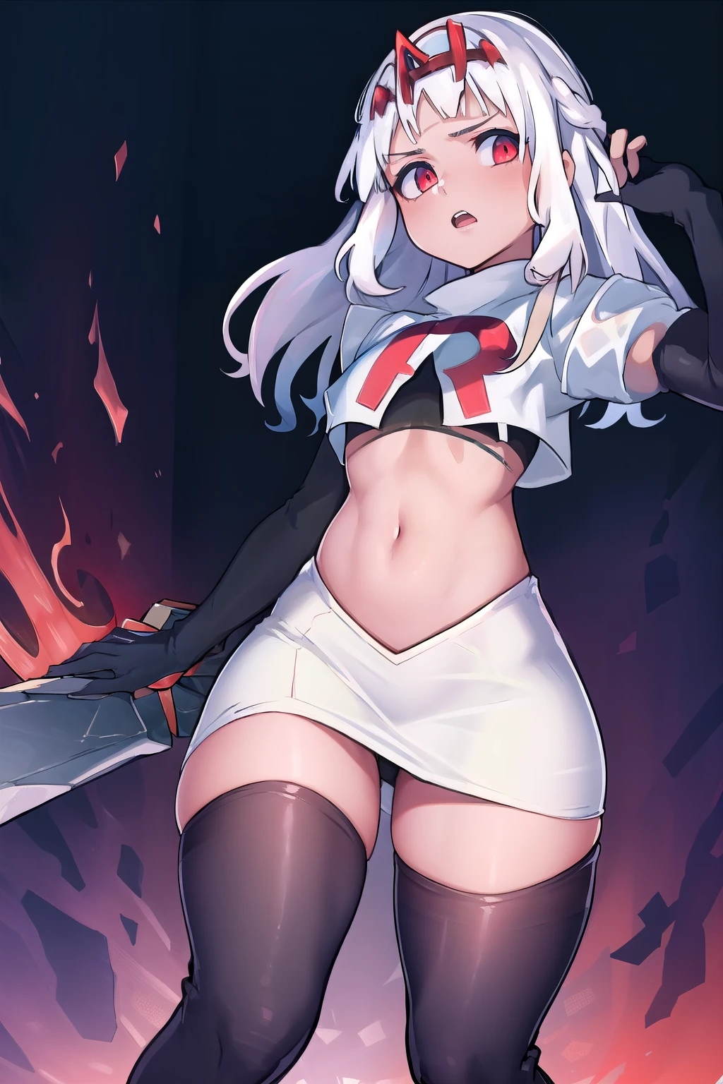 absurdres, 1girl, small breast, white hair, team rocket,team rocket uniform, red letter R, white skirt,white crop top,black thigh-highs,black elbow gloves