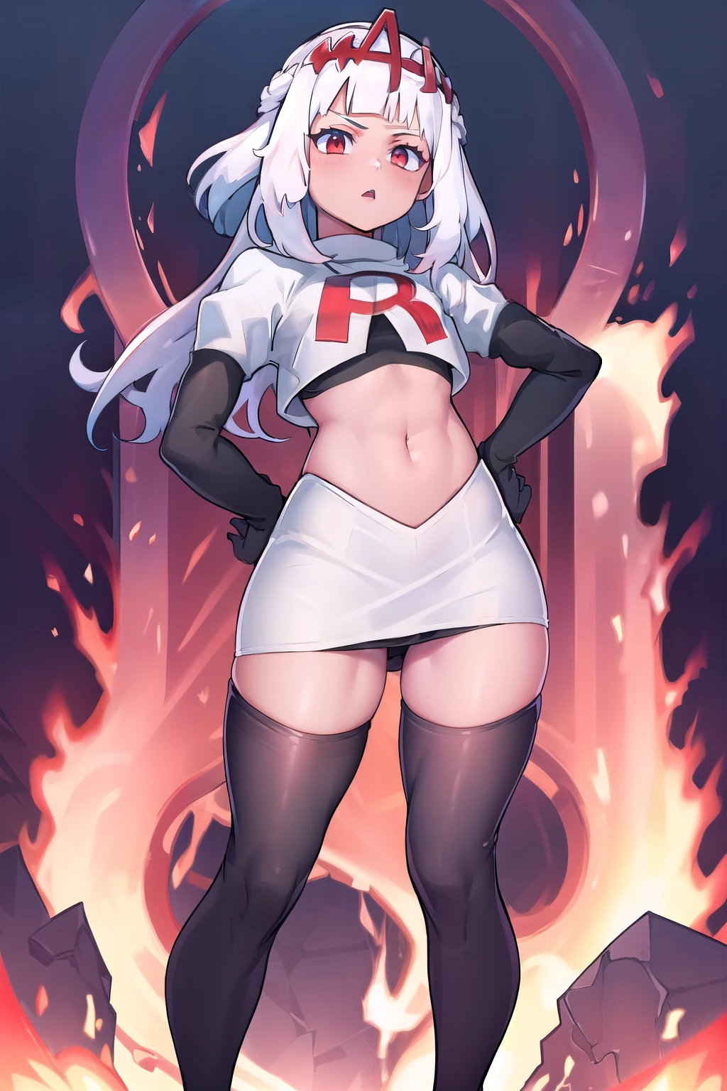 absurdres, 1girl, small breast, white hair, team rocket,team rocket uniform, red letter R, white skirt,white crop top,black thigh-highs,black elbow gloves
 