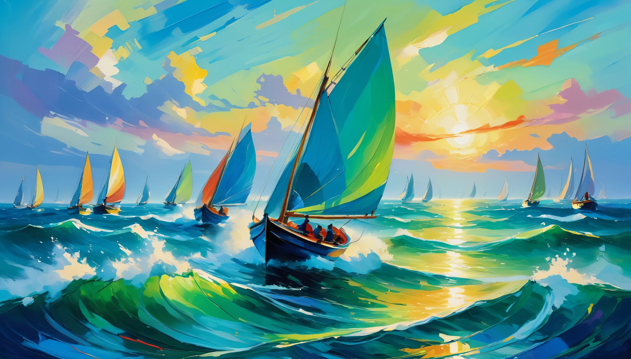 (best quality,4k,highres,masterpiece:1.2),vibrant colors,impressionistic brushstrokes,dynamic lines,brilliant hues,mainly blue and green palette,ocean waves,dancing boats,representing power and energy,impressionist painting