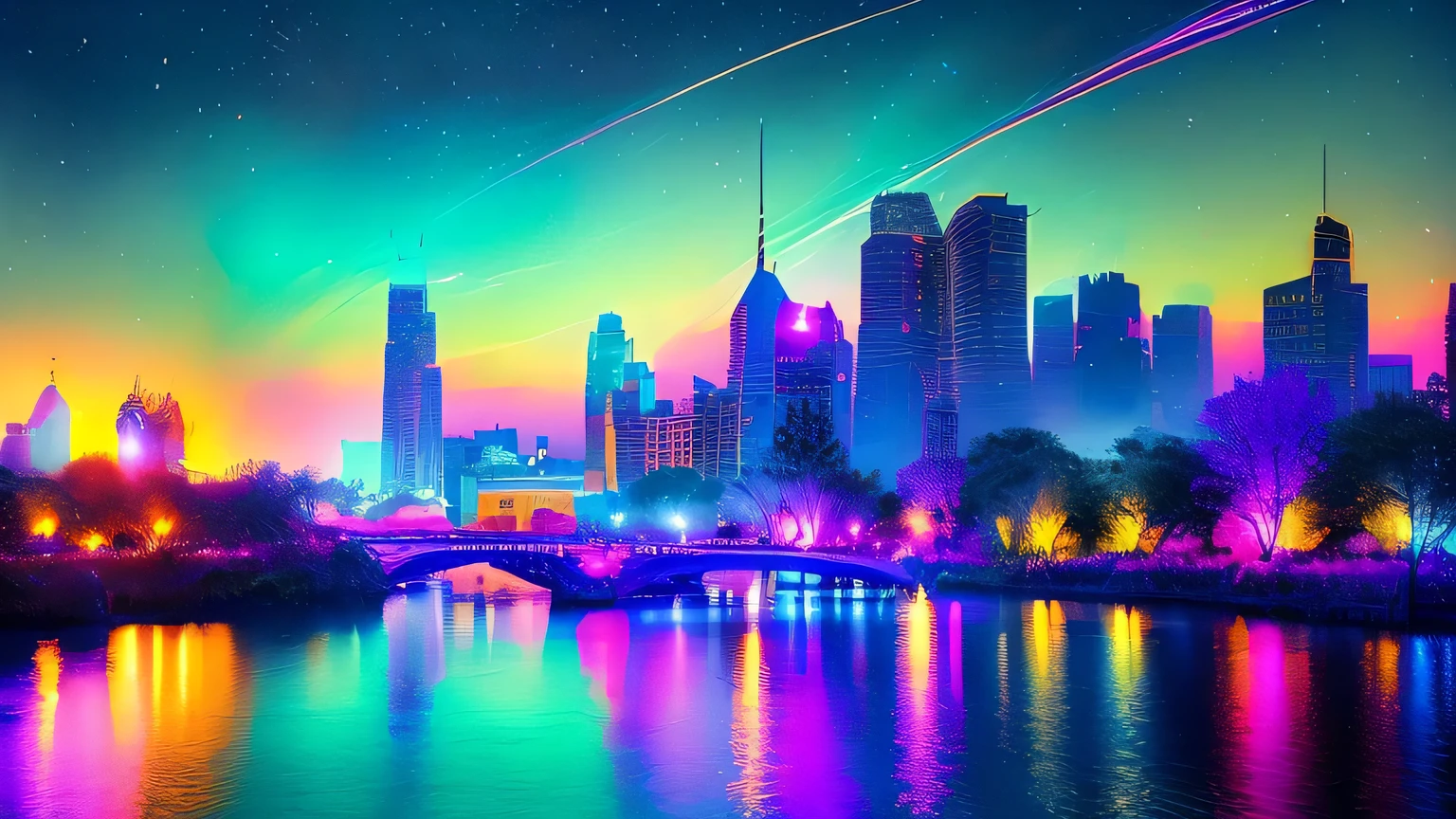 highest quality, colorful museum, A painting of a river with stars in the sky, Shining skyscrapers, glossy overall, stylish skyscraper, fantasy art, beautiful anime scene, dream picture, Fantastic landscape painting, Fantasy Knights, Beautiful flowers are blooming