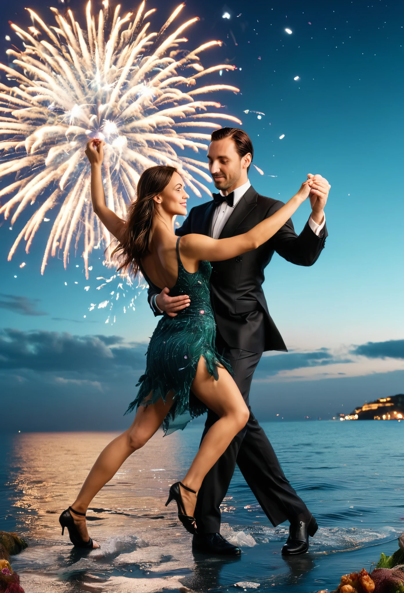 ((heterosexual couple dancing tango on the sea surface:1.5)), at night:1.4, clouds illuminated by fireworks:1.4, a beautiful view of the coast with buildings:1.4 and fireworks in the background:1.4, ((Scene idyllic and magical imaginative dancing on the surface of the sea:1.3)),( (perfect, Meticulously detailed, flawless: 1.4), ((Masterpiece)), (Hyper-detailed: 1.3), (Photorealistic: 1.4), epic, of night: 1.3, darkness: 1.3, city light and colorful fireworks, 32k.