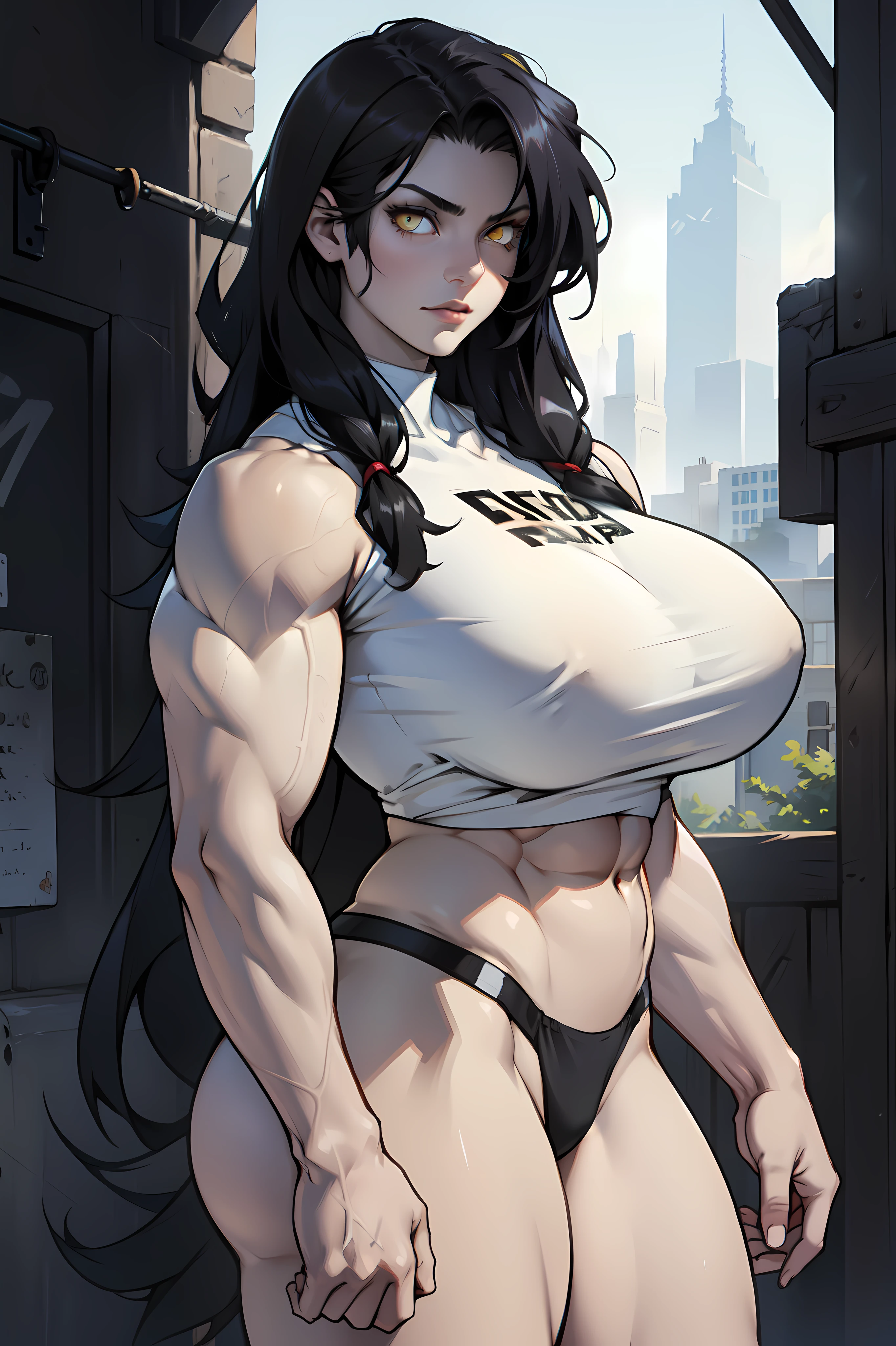 huge breasts pale skin very long hair black hair yellow eyes ((((1 girl)))) (((muscular)))