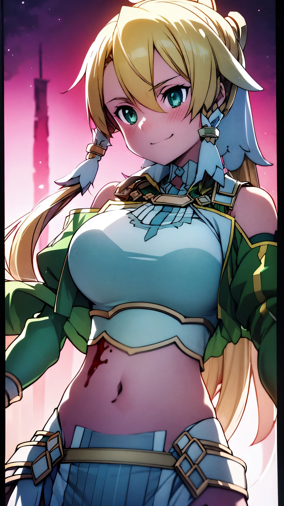 girl defeats boy, girl kills shota, girl is bullying a boy, girl is separated by blood from boy, girls has big breasts, girl has long sword with blood, girl is smiling, girl exposes belly, shot from below 