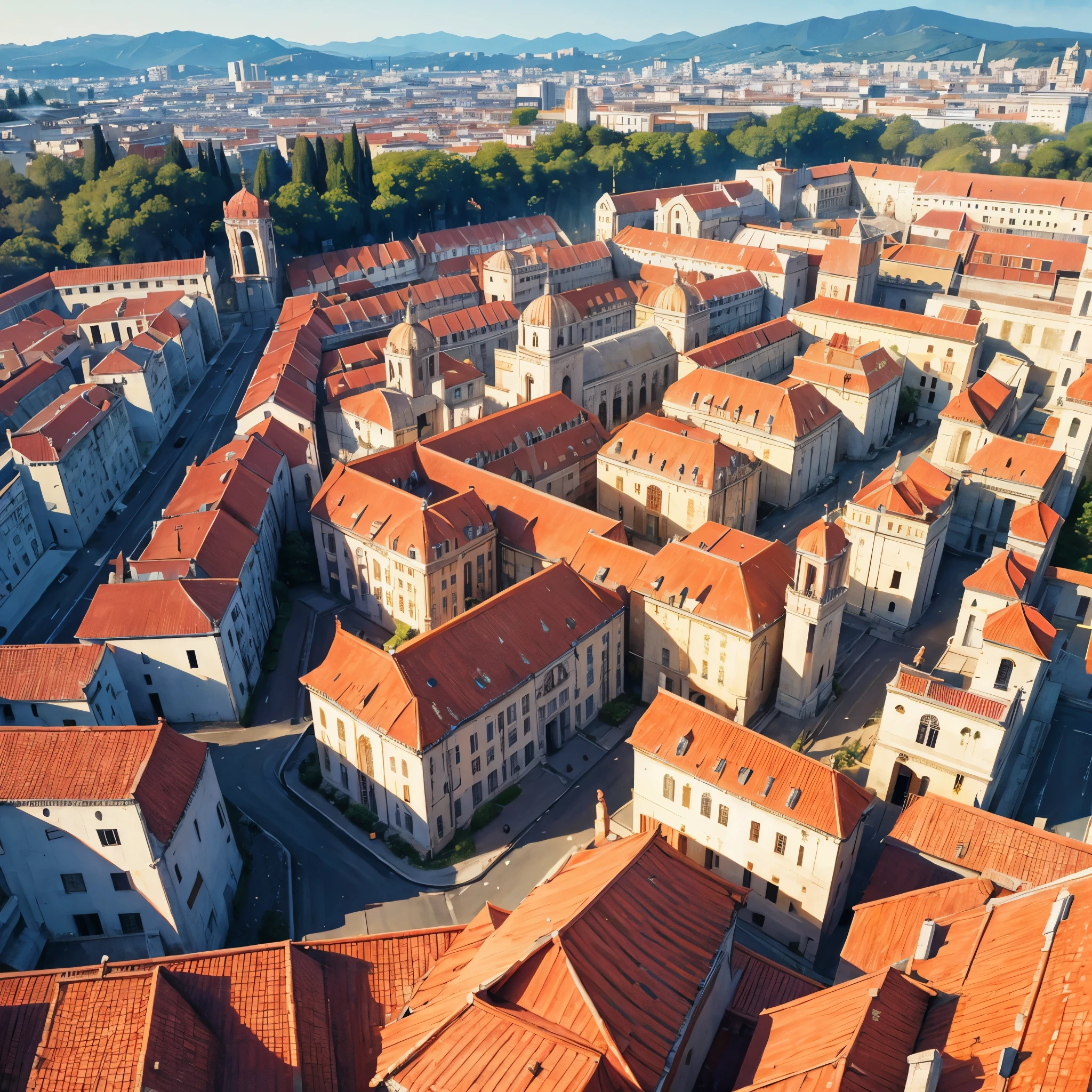 A large Roman city with white structure and red roofs.
