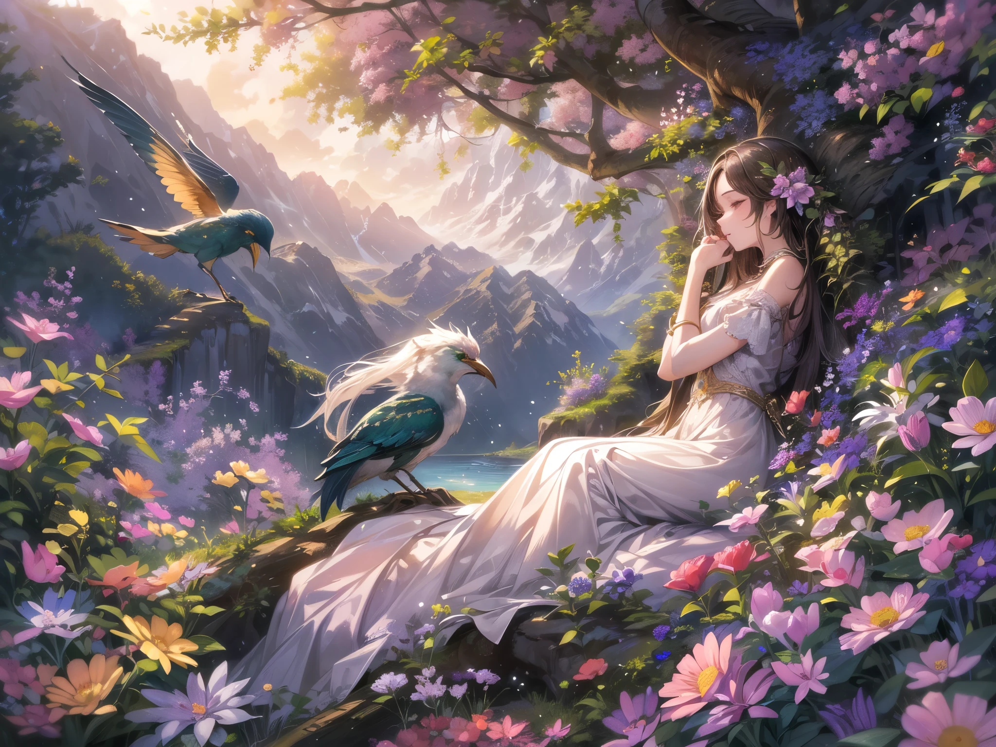 ((highest quality)),(ultra high resolution),(Super detailed),(detailed description),((best CG)),(best work of art),super precision art,amazing drawing art,(Fantasy art with precise details:1.5), A paradise where a wide variety of flowers bloom,distant mountain々praises the deep green,The girl sleeps peacefully while listening to the birds chirping.,Animals cuddling