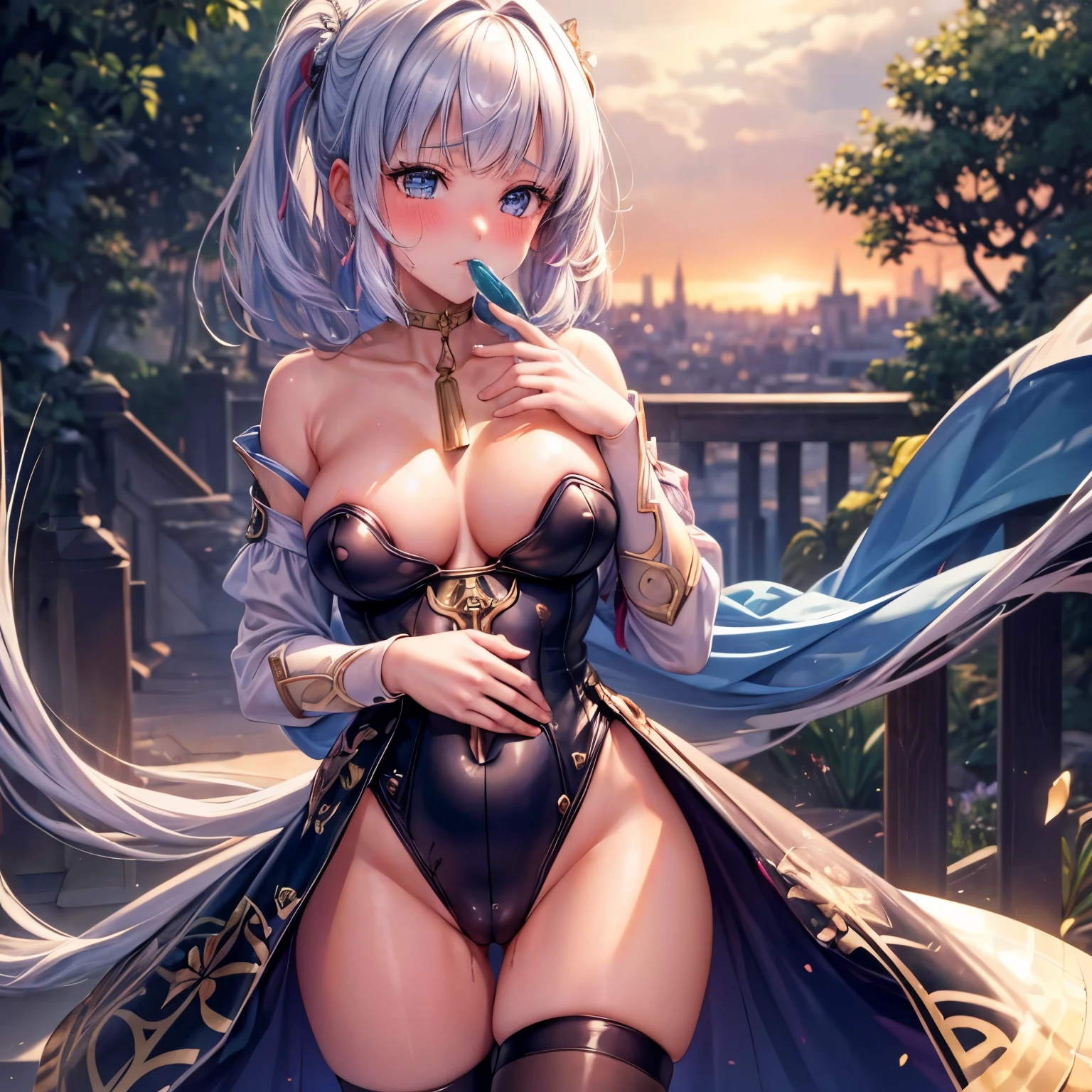 ((highest quality、High resolution、8K、masterpiece))、1 girl、blonde, medium hair, unparalleled beauty、ultimate beauty、super detailed face、delicate eyeoaning, blushing、sexy look、Depth of the bounds written、light particles、side light、(((expression of ecstasy、Looks embarrassed、blushing)))、perfect body、beautiful breasts、nipple、tits、Thighhighs、thighs、Love juice dripping from the pussy, secluded place at the public place, ung man sucking her breasts, breast sucking, his other hand pinching the other nipple