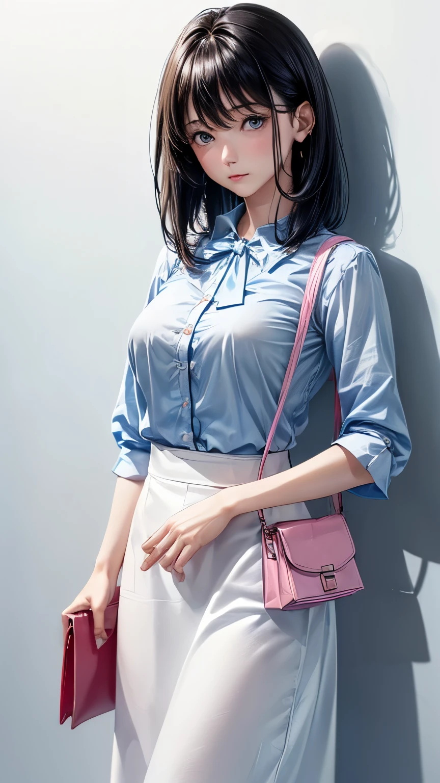 (((Pure white wall background)))、(((8K、Highest image quality)))、(((I&#39;m a secretary)))、(((I have a cute bag)))、(((I have medium hair)))、It's a sad face、(((Wearing a light blue blouse)))、I have black hair、Are standing、(((breasts are small)))