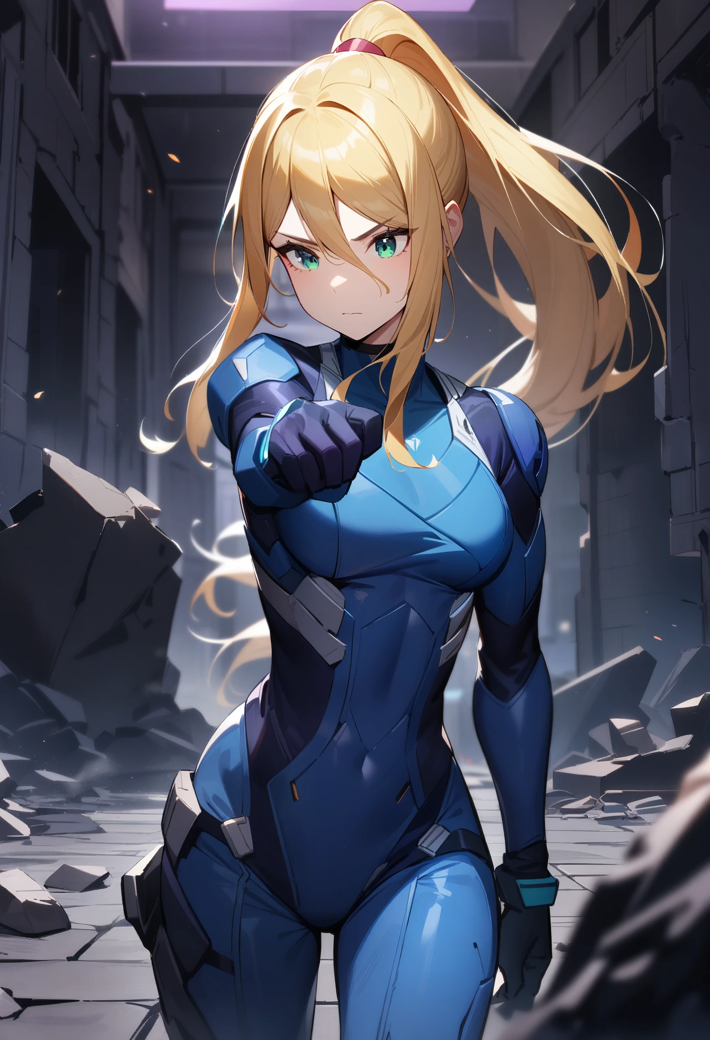 1girl,Samus aran,solo,green eyes,blonde hair,blue body suit,ponytail,walking carefully,looking around,cowboy shot,indoors,in ruins,dark purple cobblestone,dark purple background,Science fiction,ultra-detailed,sharp focus,aesthetic,(best quality)