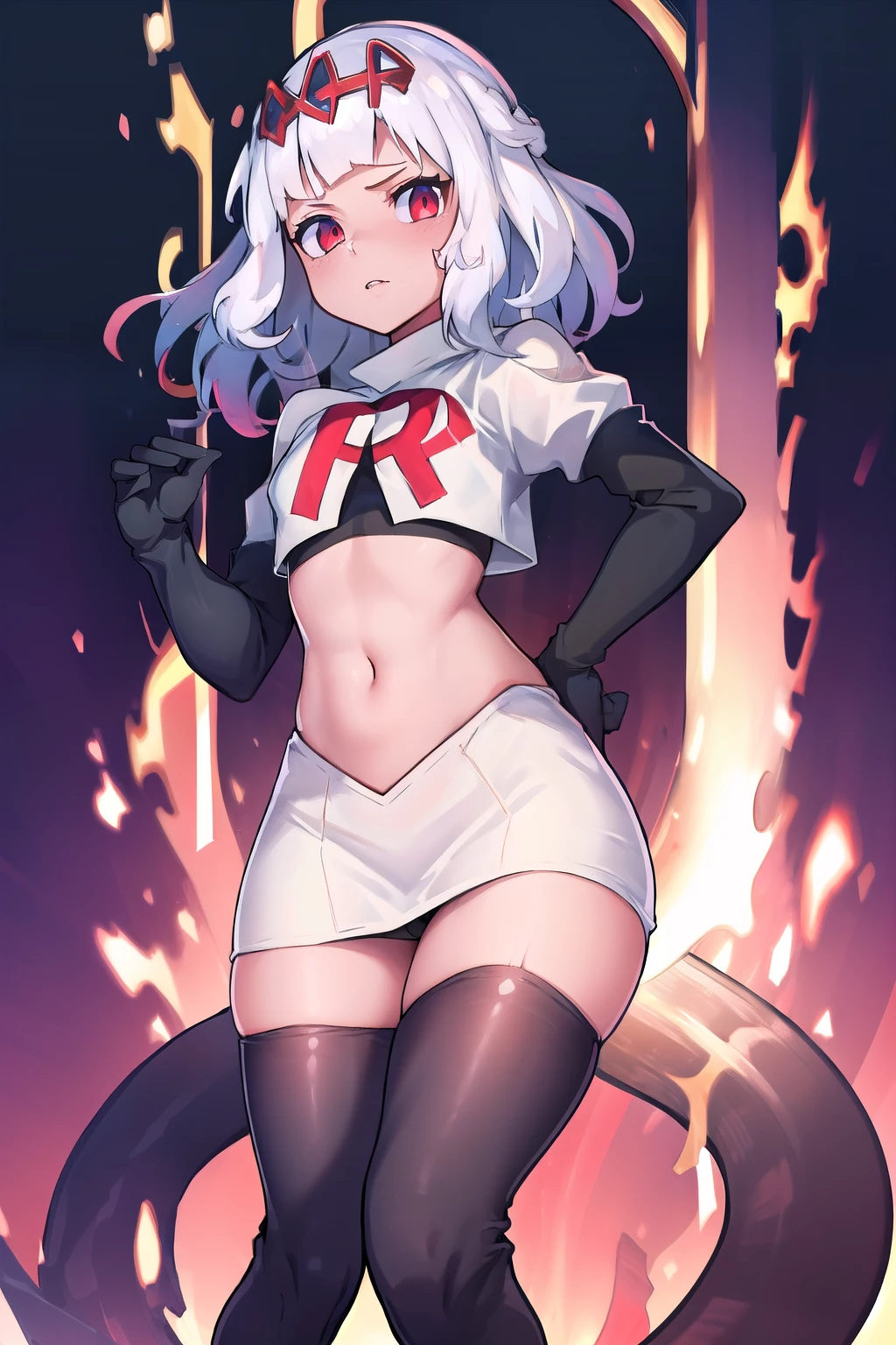 absurdres, 1girl, small breast, white hair, team rocket,team rocket uniform, red letter R, white skirt,white crop top,black thigh-highs,black elbow gloves
 