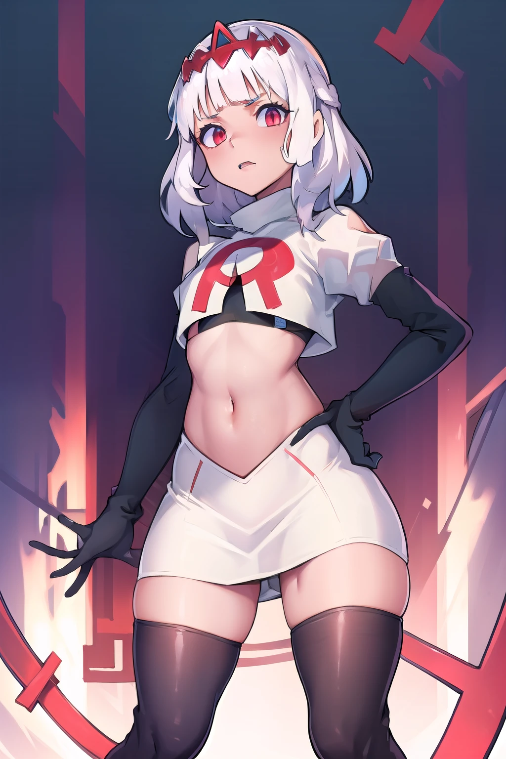 absurdres, 1girl, small breast, white hair, team rocket,team rocket uniform, red letter R, white skirt,white crop top,black thigh-highs,black elbow gloves
 