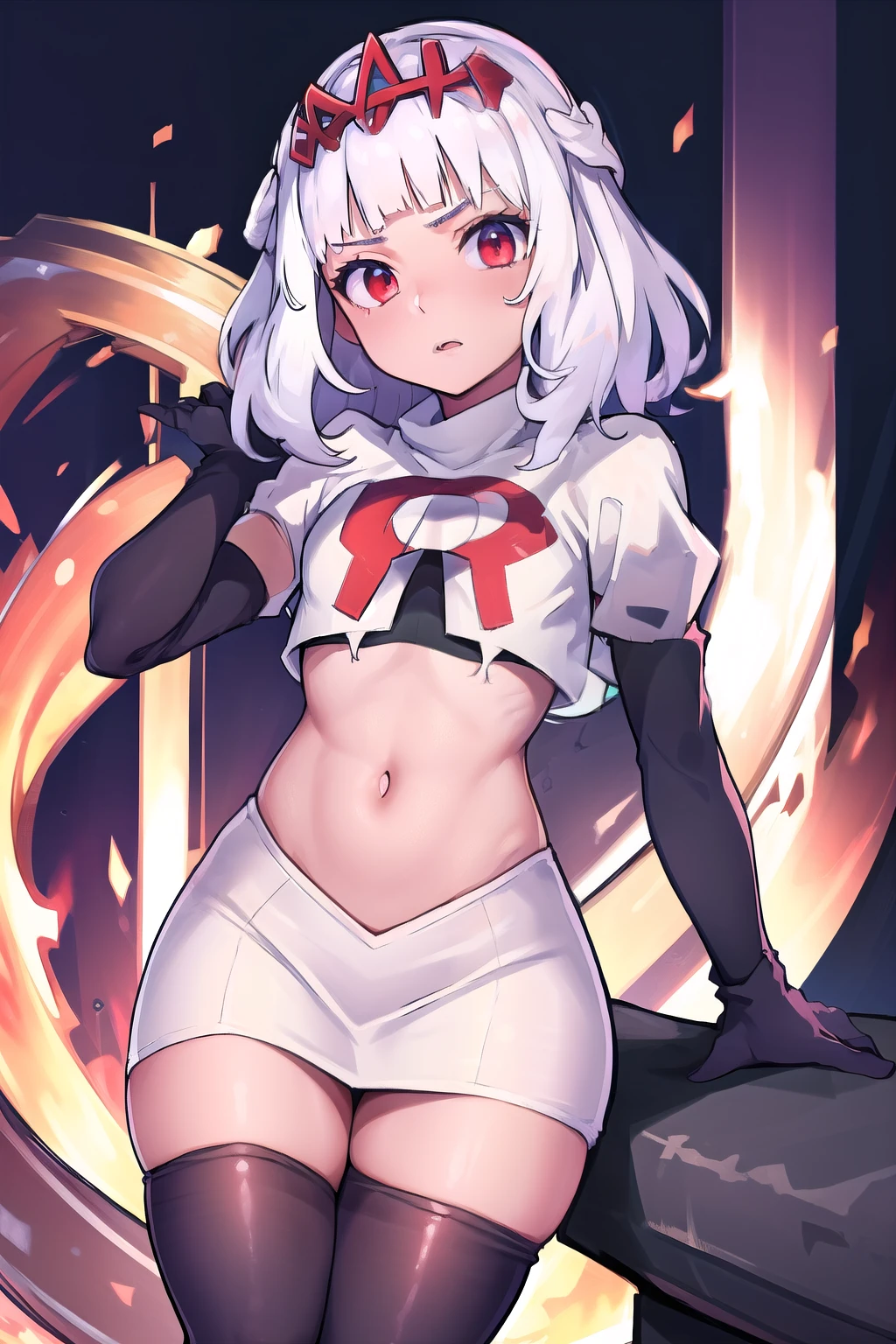 absurdres, 1girl, small breast, white hair, team rocket,team rocket uniform, red letter R, white skirt,white crop top,black thigh-highs,black elbow gloves
 