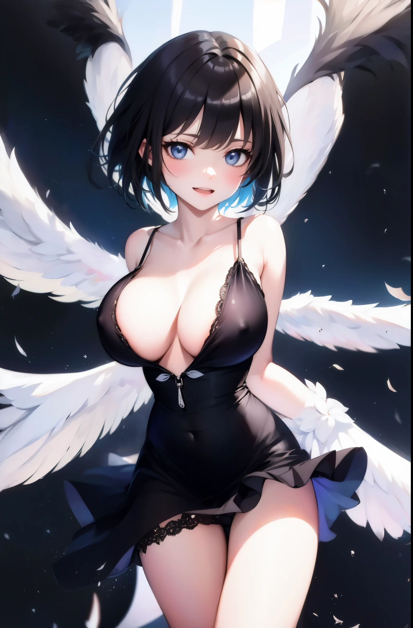 1 seraphim girl standing in peace of snowy mountain, (solo), swinging back, multiple wings, (she has 12 wings on her back), (6 white wings:1.5) and (6 black wings:1.5), BREAK, (wearing nothing without a lace trimmed sheer short black chemise:1.4), (plunging neckline), too short black skirt flapping by wind, stiletto heels, BREAK, (black short hair:1.3), sidelocks, black eyes, (bouncing large breasts), cleavage, inconceivably narrow waist, bared skinny arms, bared skinny long legs, thigh gap, tiptoe, BREAK,  face, nose blush, smile for viewer, open mouth, orgasm, BREAK, (extremely detailed CG unity 8k wallpaper), (beautiful detailed), (ultra high resolution), (masterpiece:1.2), (best quality), (beautiful illustration), anime visual