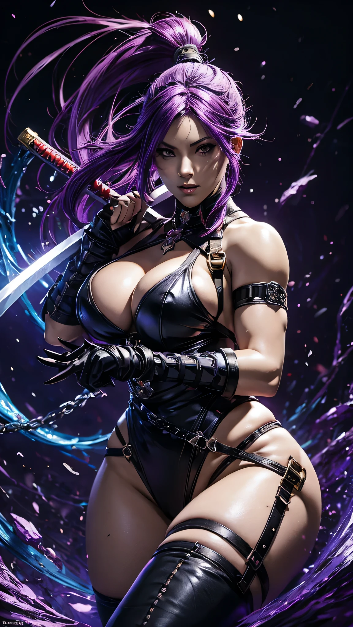 anime girl with purple hair and a sword in a hole, a very beautiful berserker woman, fighting game character, official character art, guilty gear art style, katana zero video game character, natalie from epic battle fantasy, official character illustration, official art, samira from league of legends, badass pose, commission for high res, kunoichi
