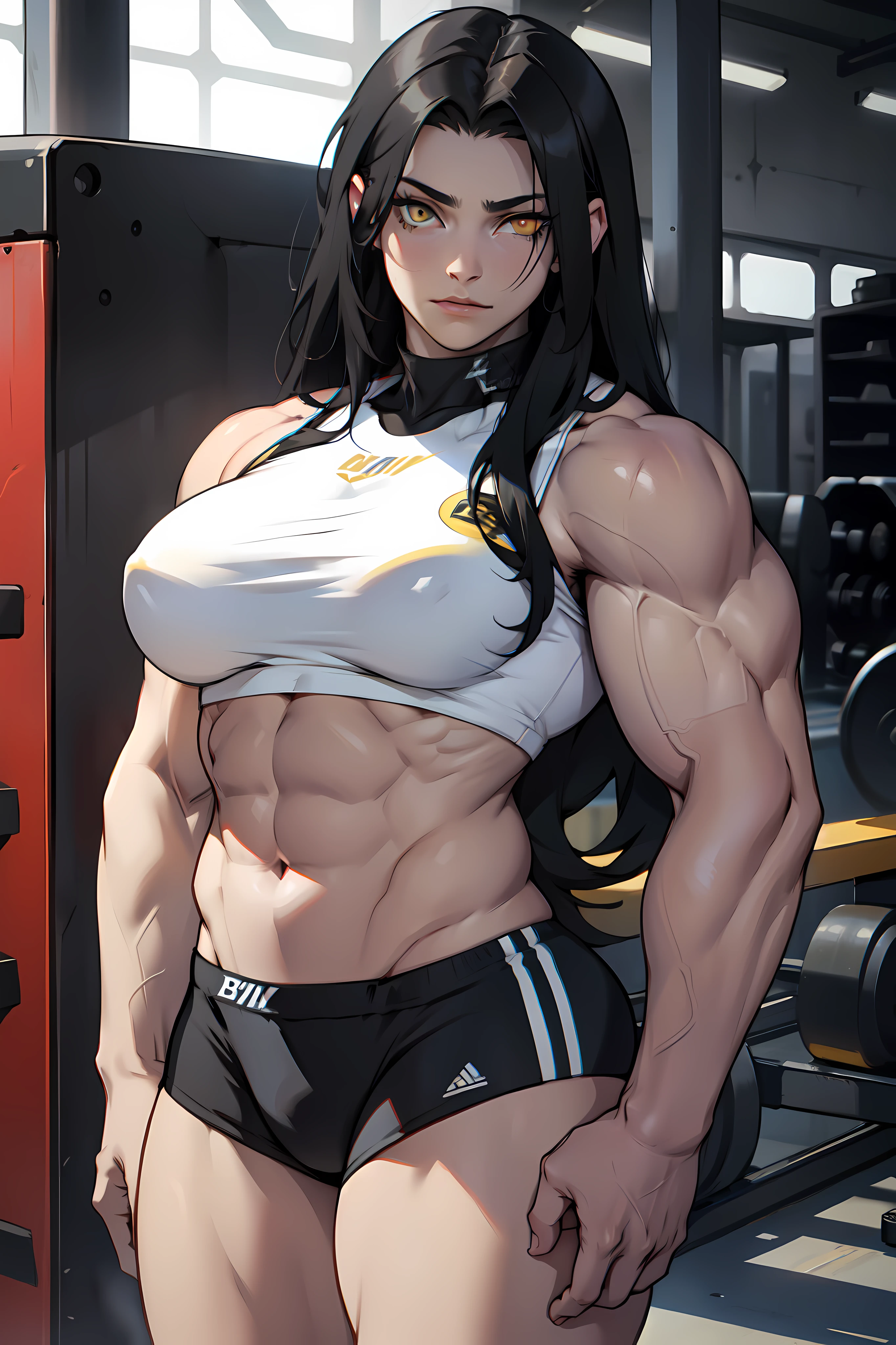 ((1girl bodybuilder)) pale skin black hair very long hair yellow eyes large breasts long abs sad