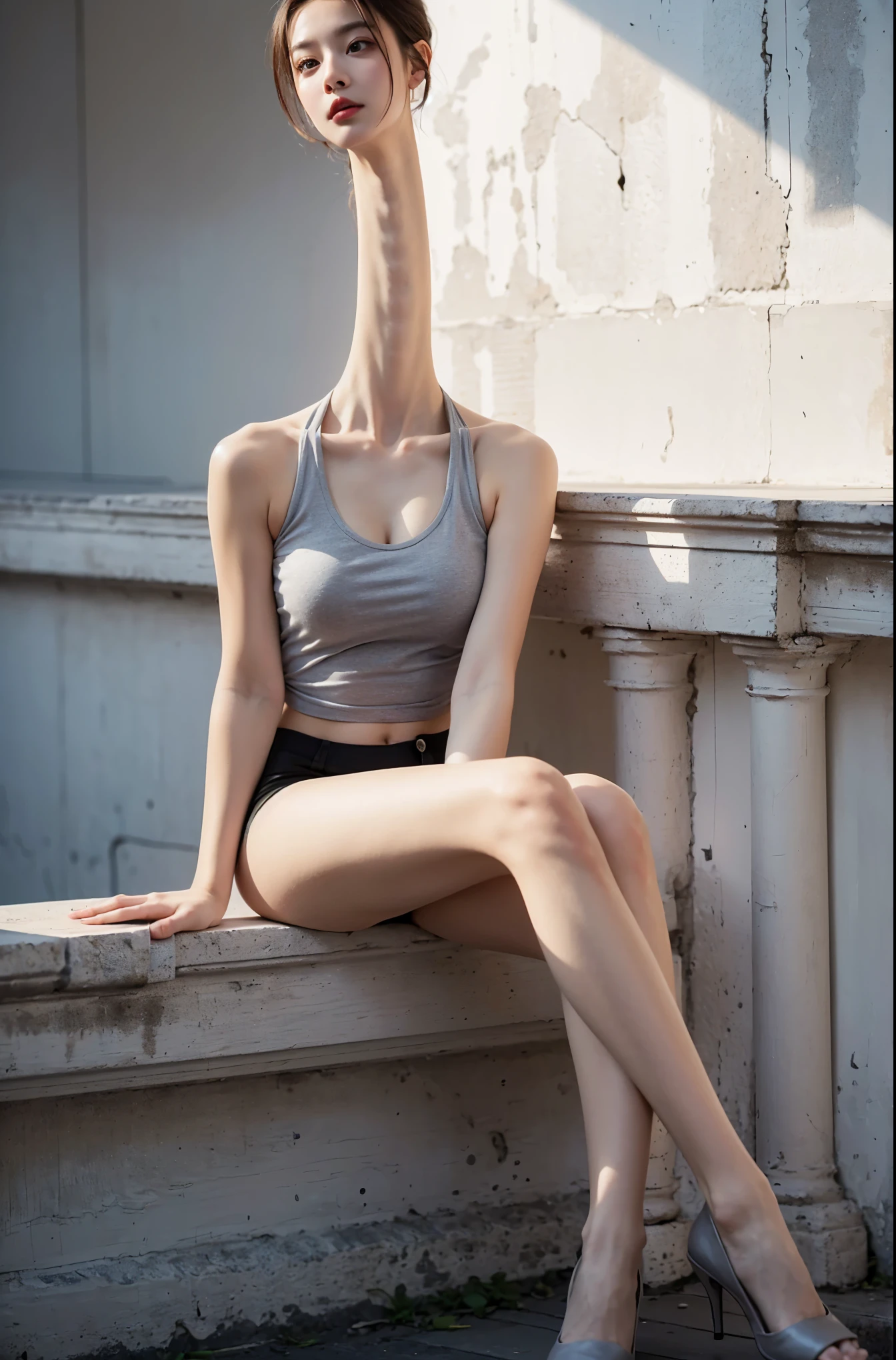 a beautiful young woman, short straight hair, striking grey eyes, large breasts, tank top, professional photo, full body photo, dramatic colors, looking at viewer, (longneck:1.4)