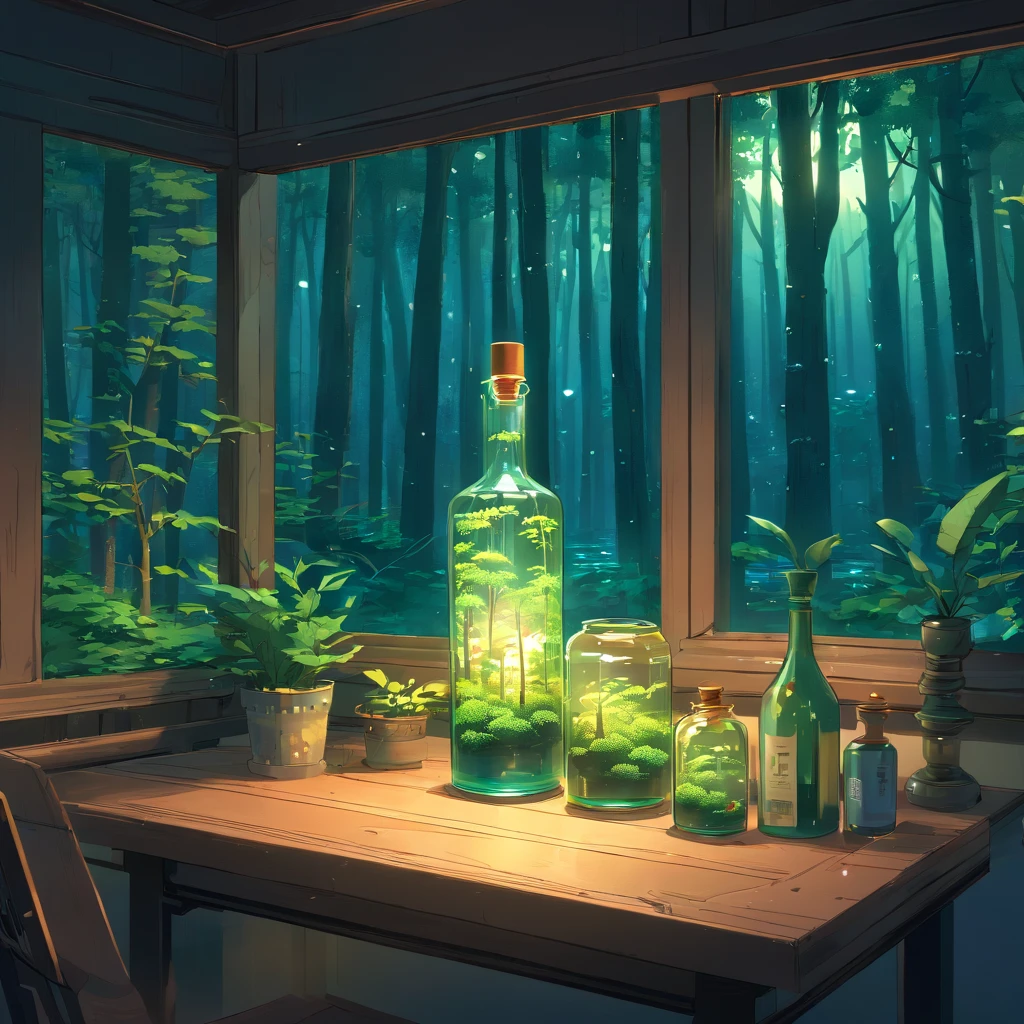 (Intricate forest mini-town landscape trapped in a bottle), Atmospheric Oliva Lighting, on the table, 4KUHD, dark atmosphere, Super detailed, Bright colors forest background, epic work, octane rendering, sharp focus, High resolution isometric