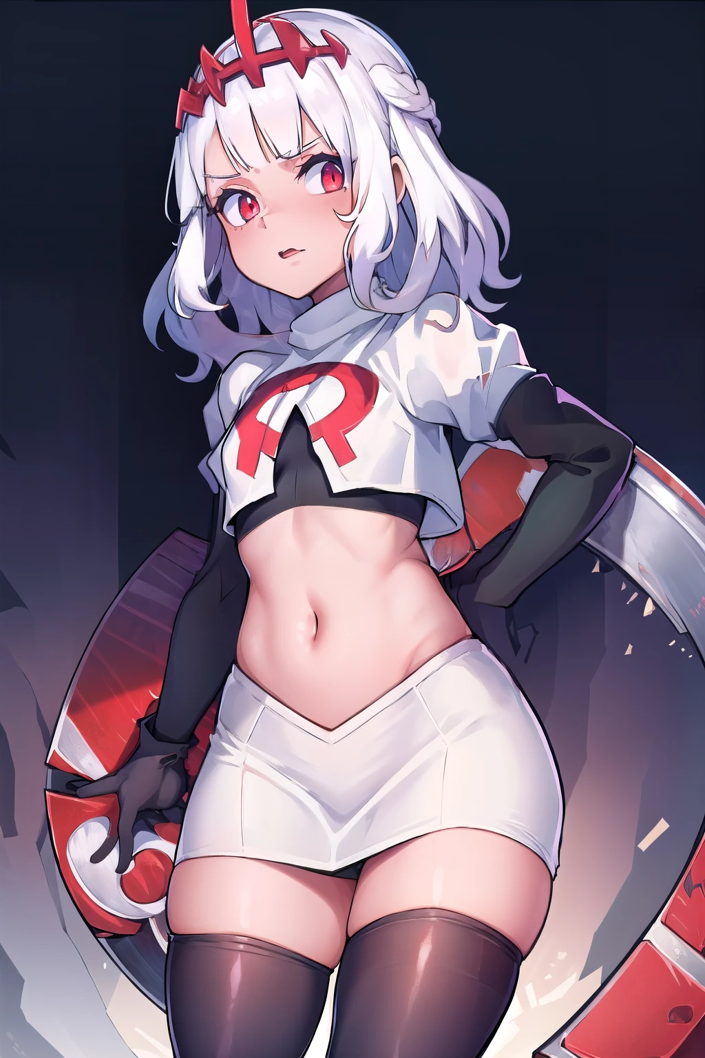 absurdres, 1girl, small breast, white hair, team rocket,team rocket uniform, red letter R, white skirt,white crop top,black thigh-highs,black elbow gloves
 