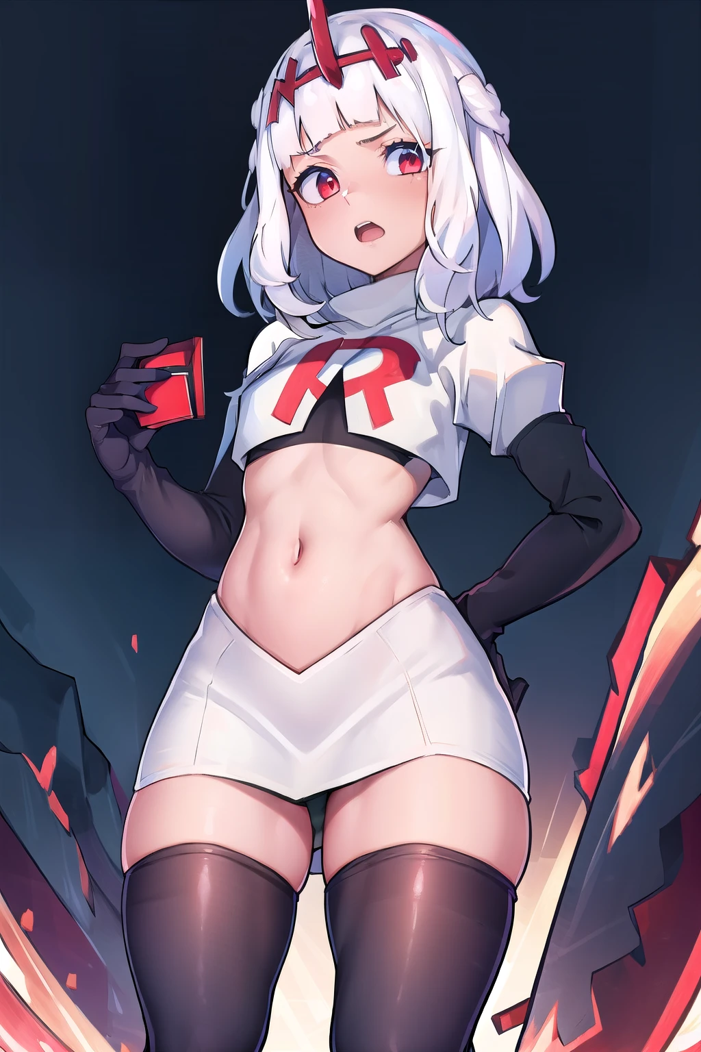 absurdres, 1girl, small breast, white hair, team rocket,team rocket uniform, red letter R, white skirt,white crop top,black thigh-highs,black elbow gloves
 