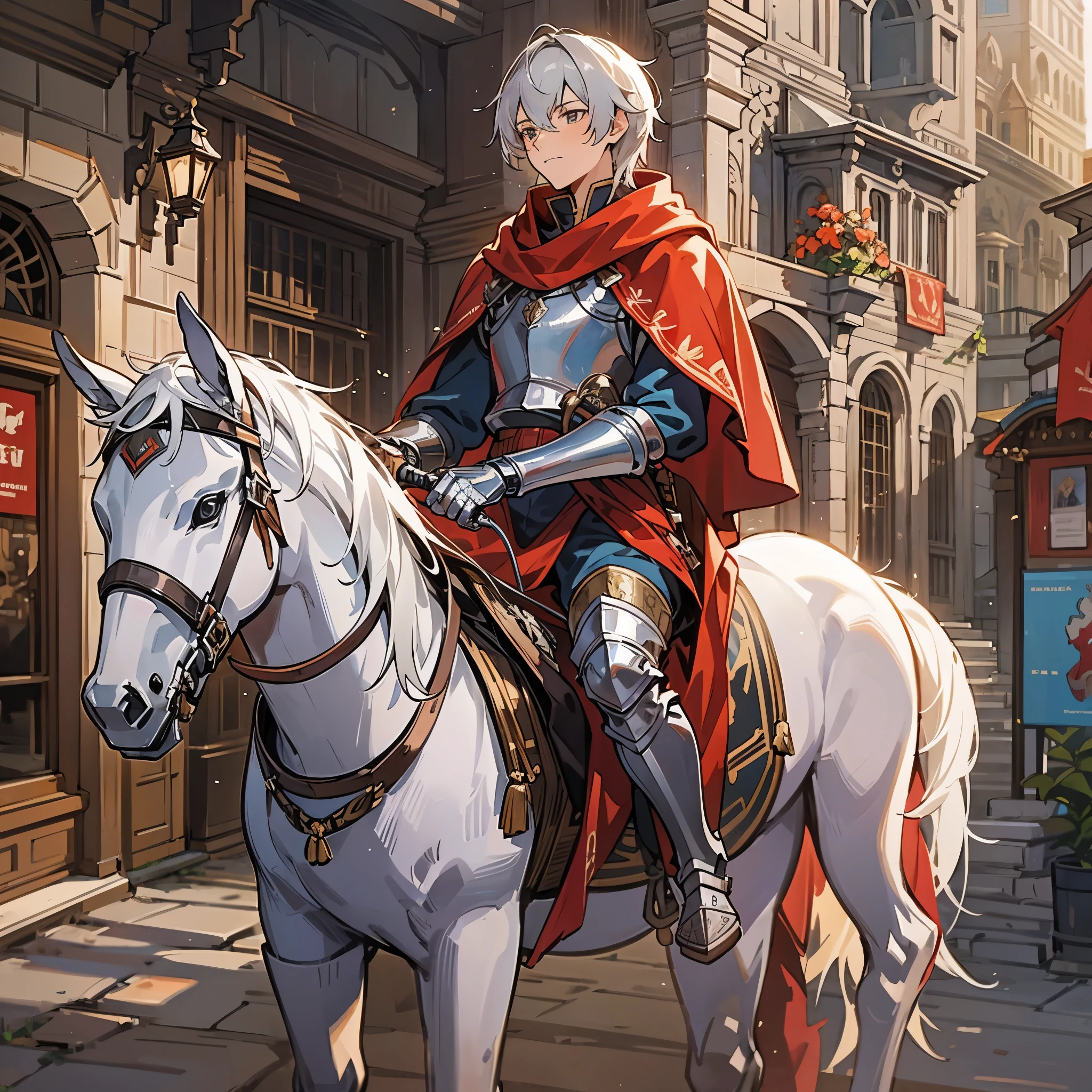 A handsome teenager，European medieval knight costumes，wearing a helmet，Wearing silver armor，Shield in left hand，Sword in right hand，There is a red cloak on the back，Riding a horse through the streets of a Western European town。Medium shot composition，full body picture，characters and scenes，Anime illustration style，watercolor style，high-definition，4k。