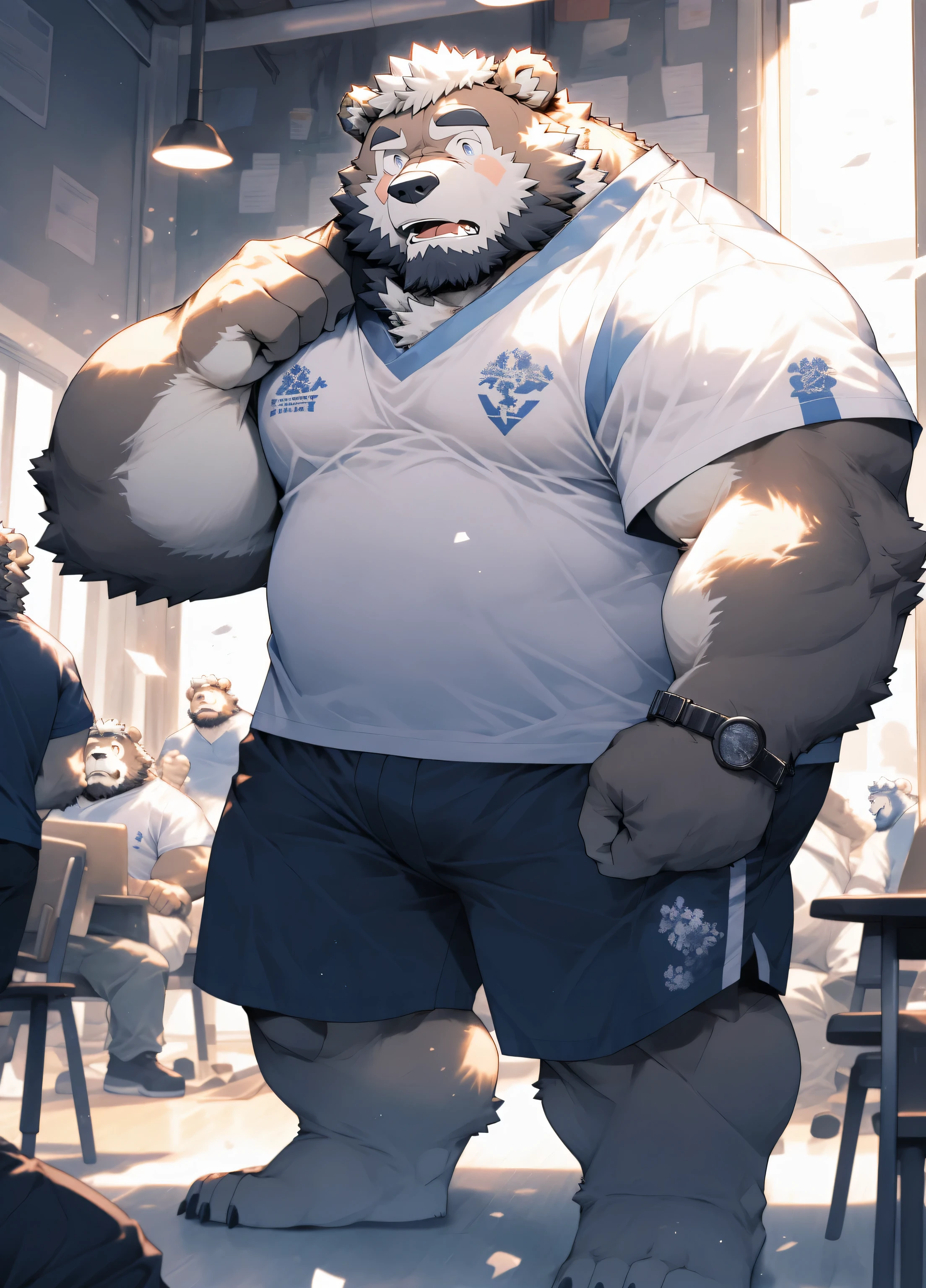 hairy,((Wolf,white hoodie,shorts,white socks,sports shoes)),white fur,male,Common,full body picture((极其lifelike阴影,masterpiece,Very detailed,lifelike)), ((Cat)),dynamic poses,In classrooms,Black-rimmed glasses,smirk,sit on the chair,window location,((极其lifelike背景,masterpiece,Very detailed,lifelike))