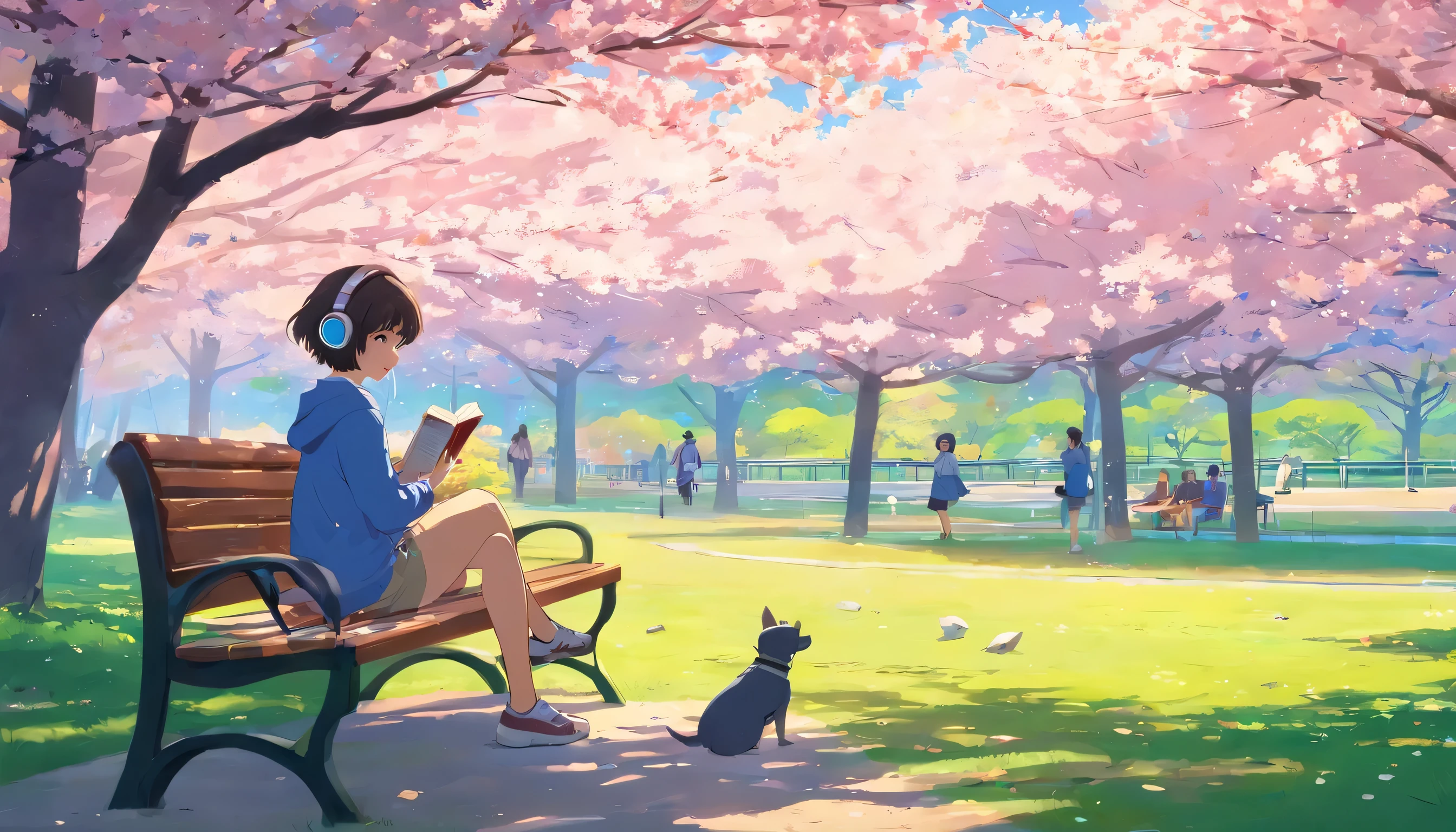 "Please draw a scene of a park with falling cherry blossom petals., A girl sitting on a bench and enjoying reading with headphones, Seizing the arrival of spring. There&#39;s a little dog at her feet."
